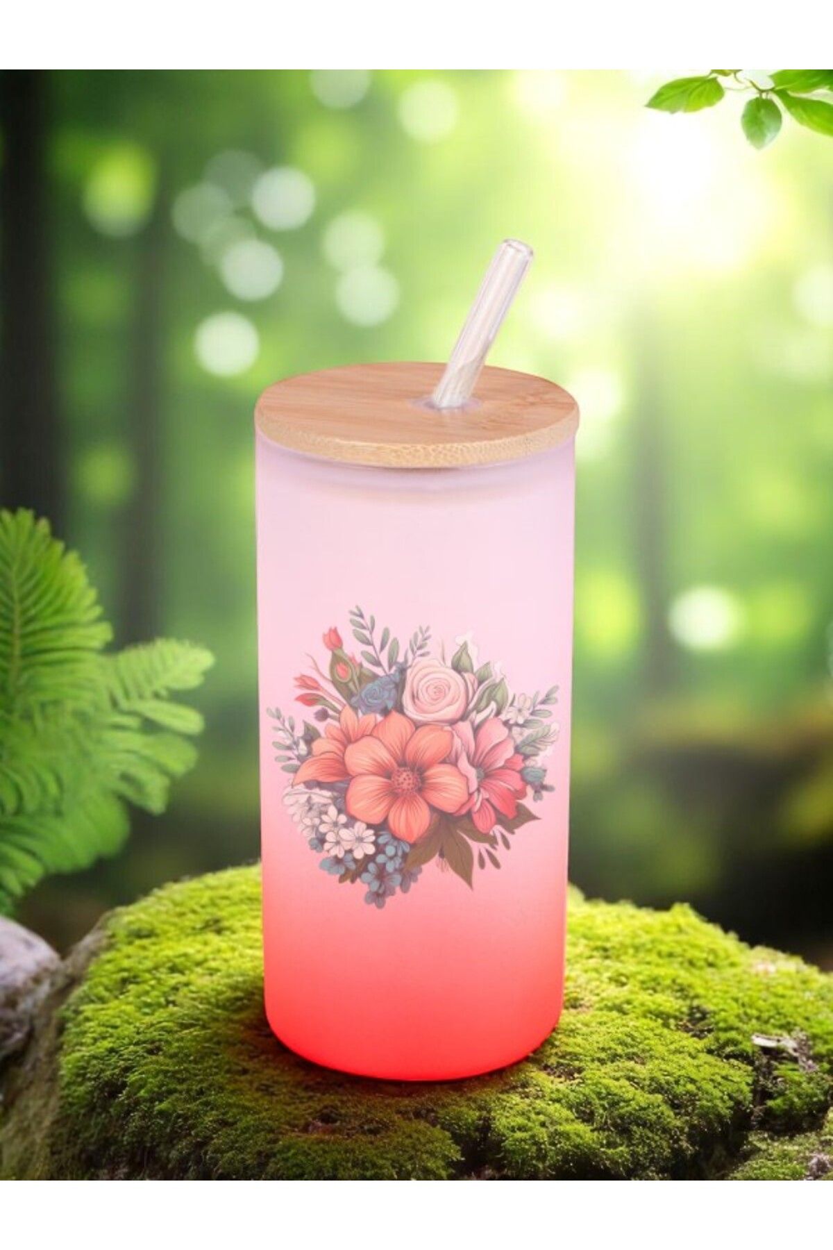 lili hediyelik Çiçek Baskılı Cam Pipetli Suluk Matara 600 ml