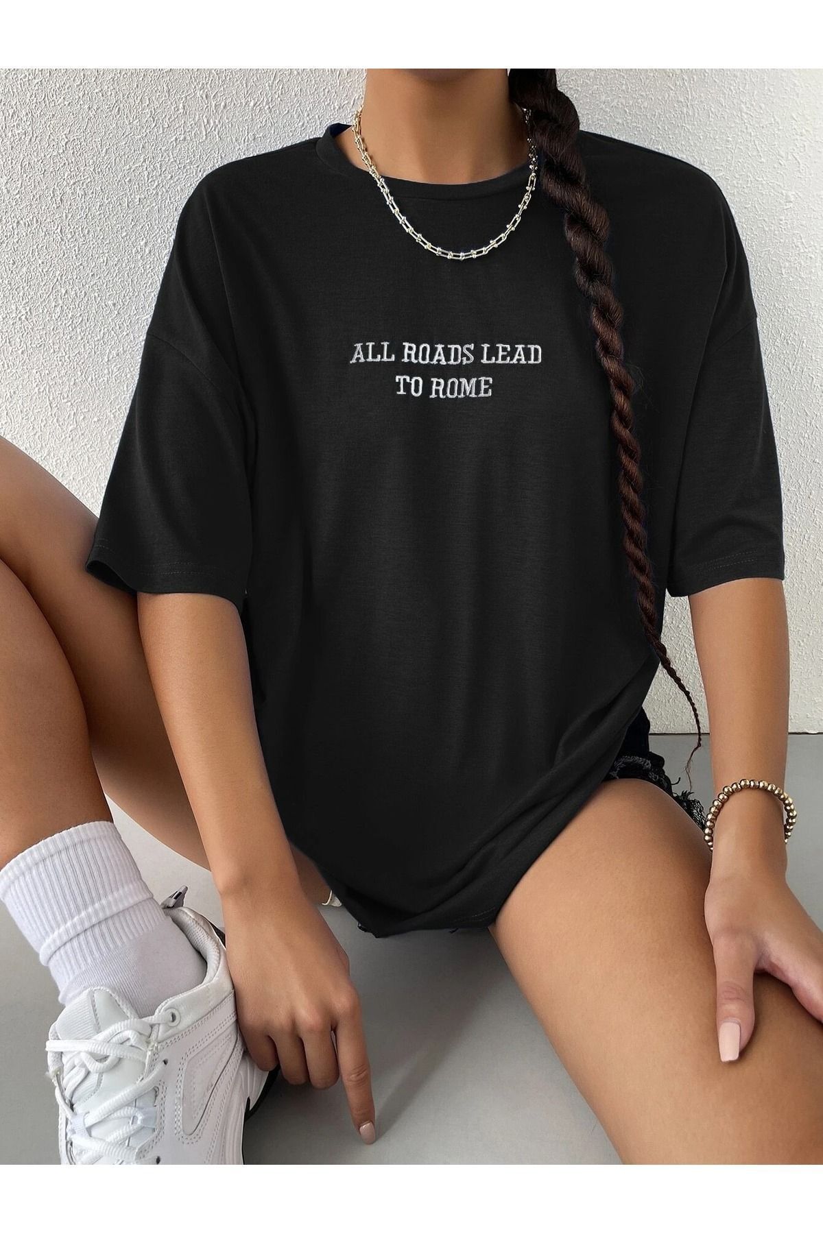 Boi Roads Rome T-Shirt - Siyah Baskılı Oversize Bisiklet Yaka Kısa Kol