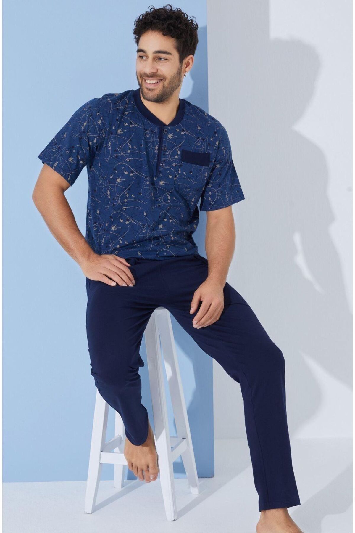 seamlife Erkek %100 Pamuklu Mavi Lacivert Bisiklet Yaka Düğmeli Kısa Kollu Pijama Takımı