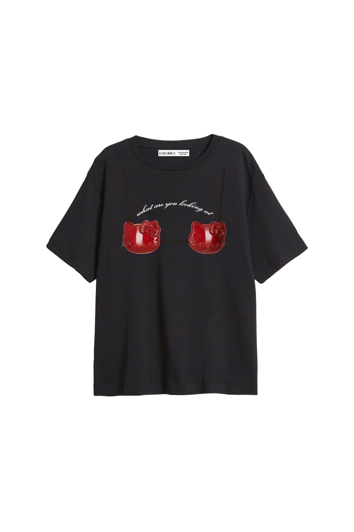 CİNEMA MODA Red Kitty Baskılı Relaxed Fit Siyah Kadın Tshirt