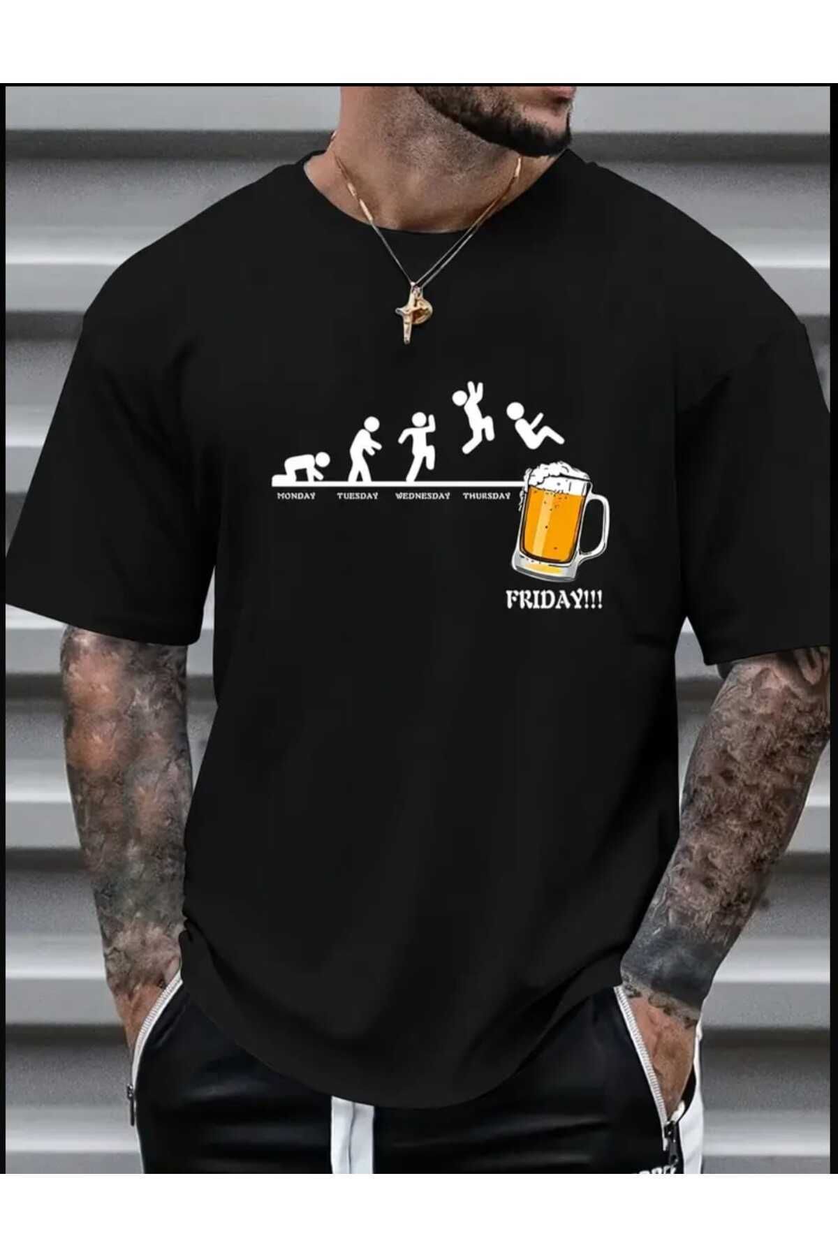 Boi Friday Beer Baskılı Kadın ve Erkek Oversize T-shirt Salaş Boyfirend