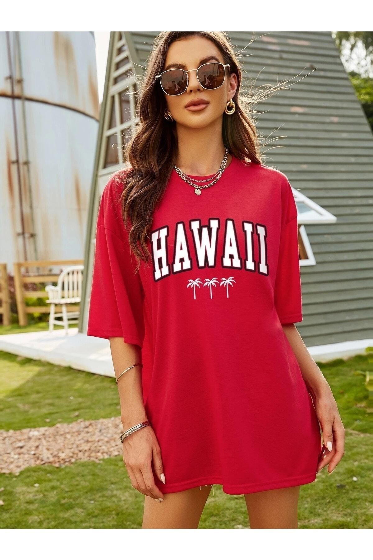 Hunors Sportswear & Company Hawaıı Baskılı Kadın / Kız Oversize Kırmızı Salas T-shirt Boyfriend