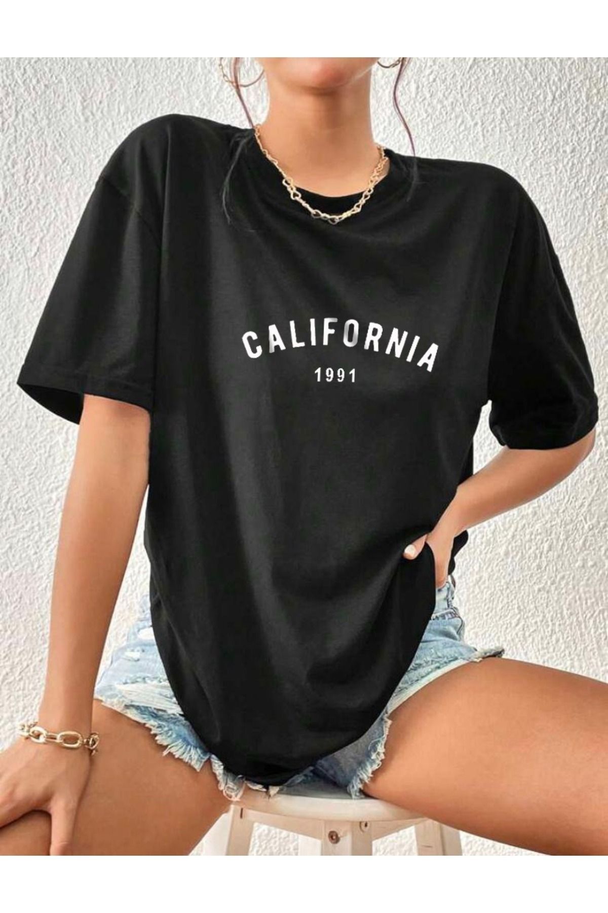 Hunors Sportswear & Company Siyah California 1991 T-Shirt - Baskılı Oversize Bisiklet Yaka Kısa Kol