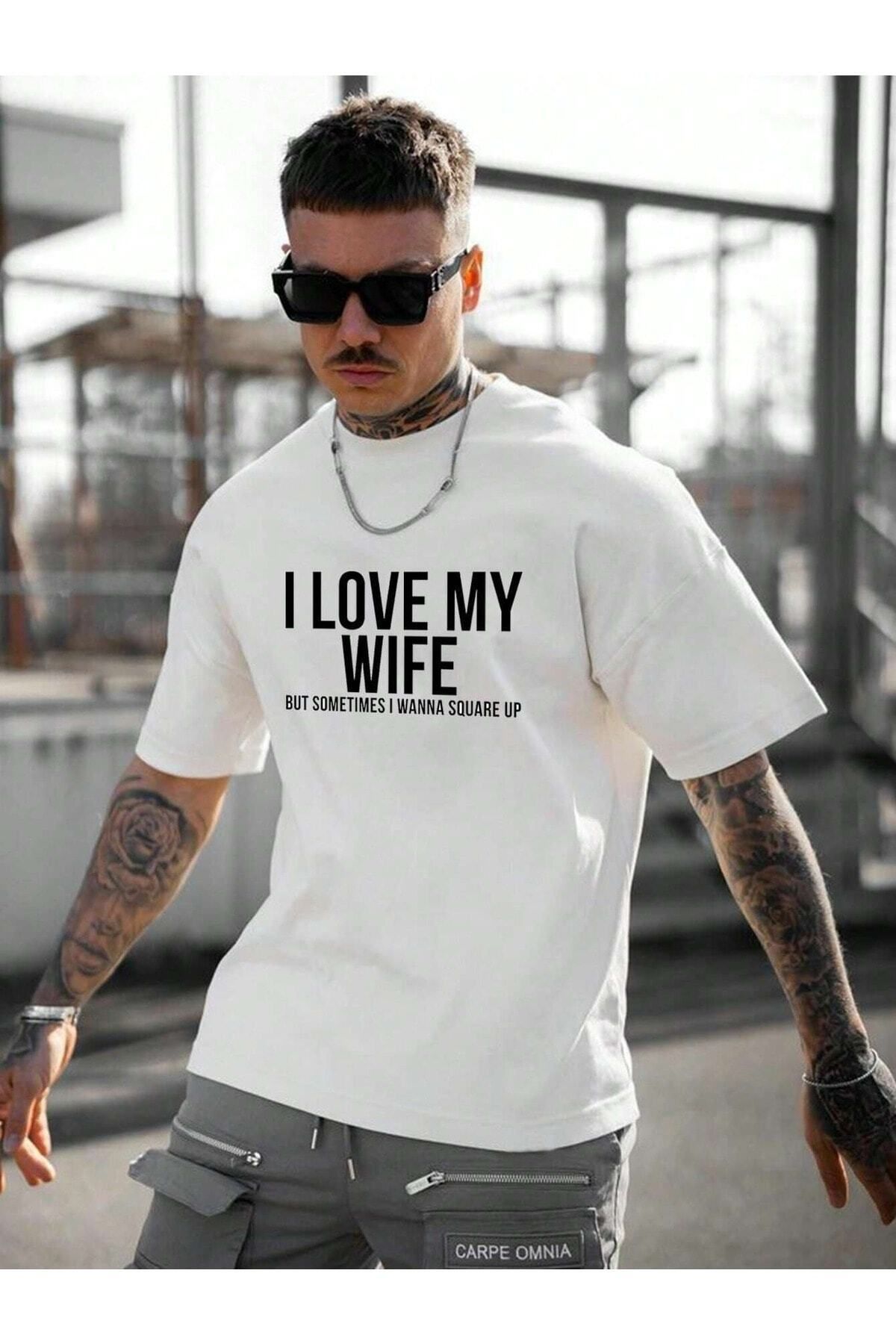 Boi Kadın ve Erkek I Love My Wife Baskılı Oversize T-shirt Salaş Boyfirend