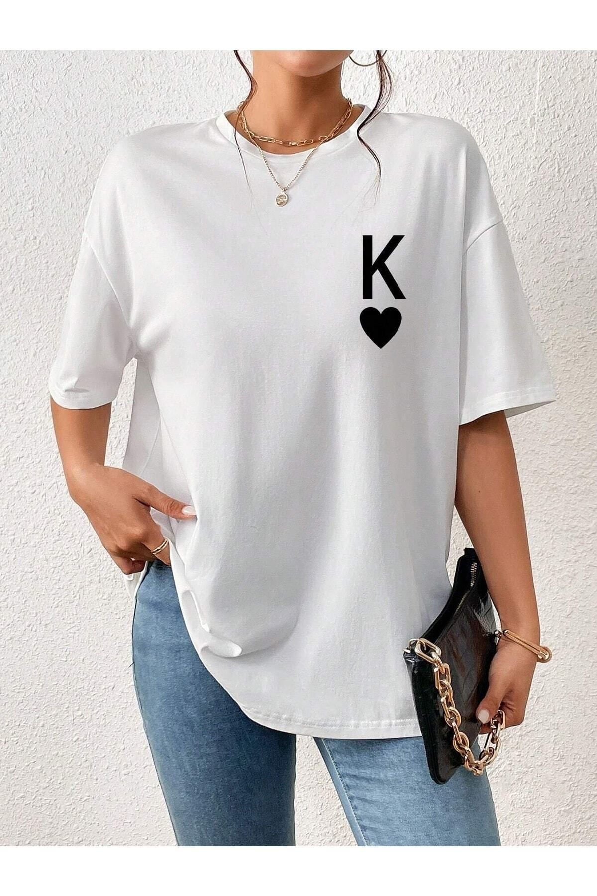Boi Kadın / Kız K Harfi Kalp Baskılı Beyaz Oversize T-shirt Salaş Boyfirend