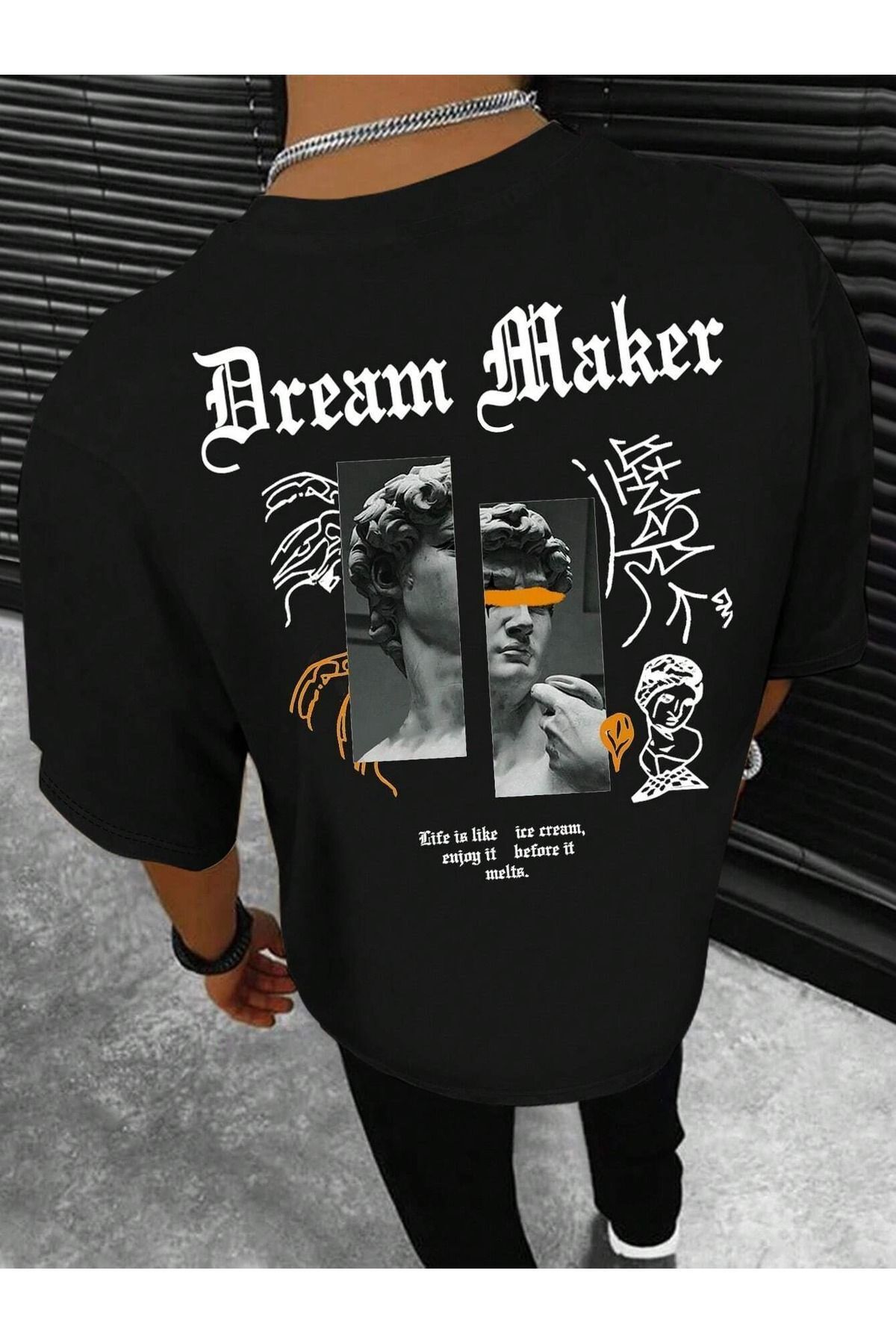 Hunors Sportswear & Company Dream Maker T-Shirt - Siyah Baskılı Oversize Bisiklet Yaka Kısa Kol