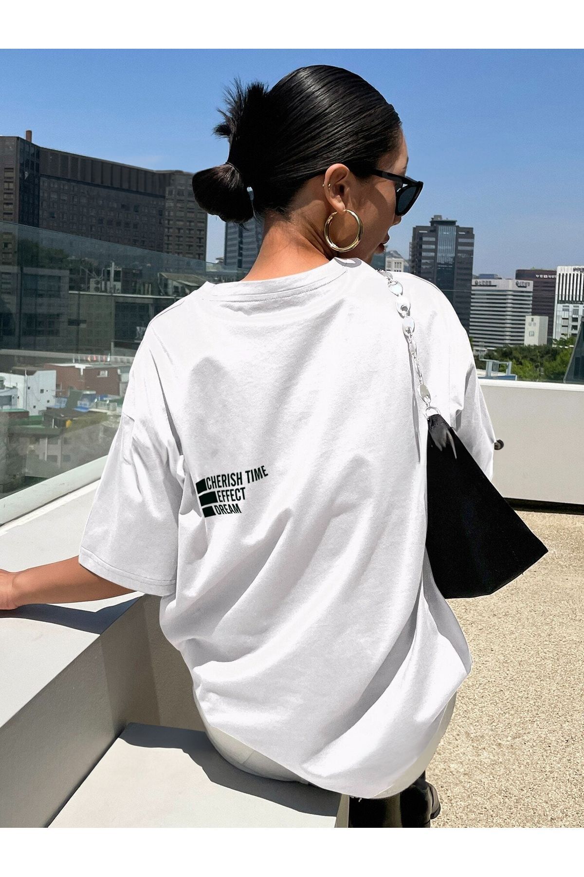 Boi Cherish Time T-Shirt - Beyaz Baskılı Oversize Bisiklet Yaka Kısa Kol