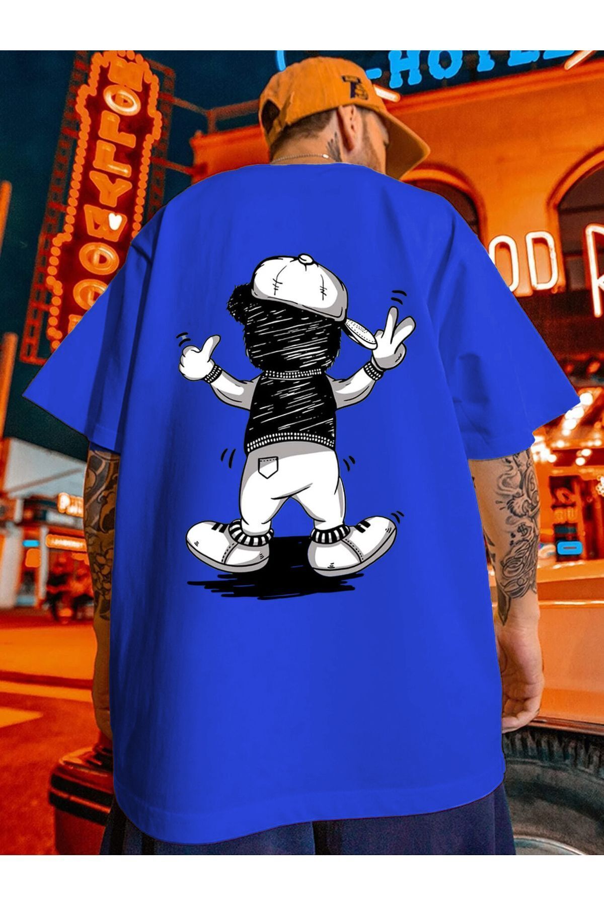 Boi Mini Bear T-Shirt - Sax Saks Mavisi Baskılı Oversize Bisiklet Yaka Kısa Kol