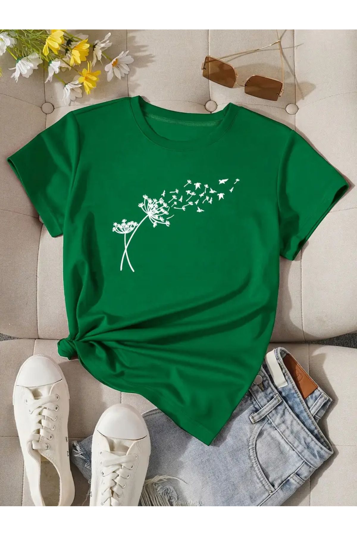 Hunors Sportswear & Company Çiçek & Tuş Tema Baskılı Kadın Yeşil T-shirt