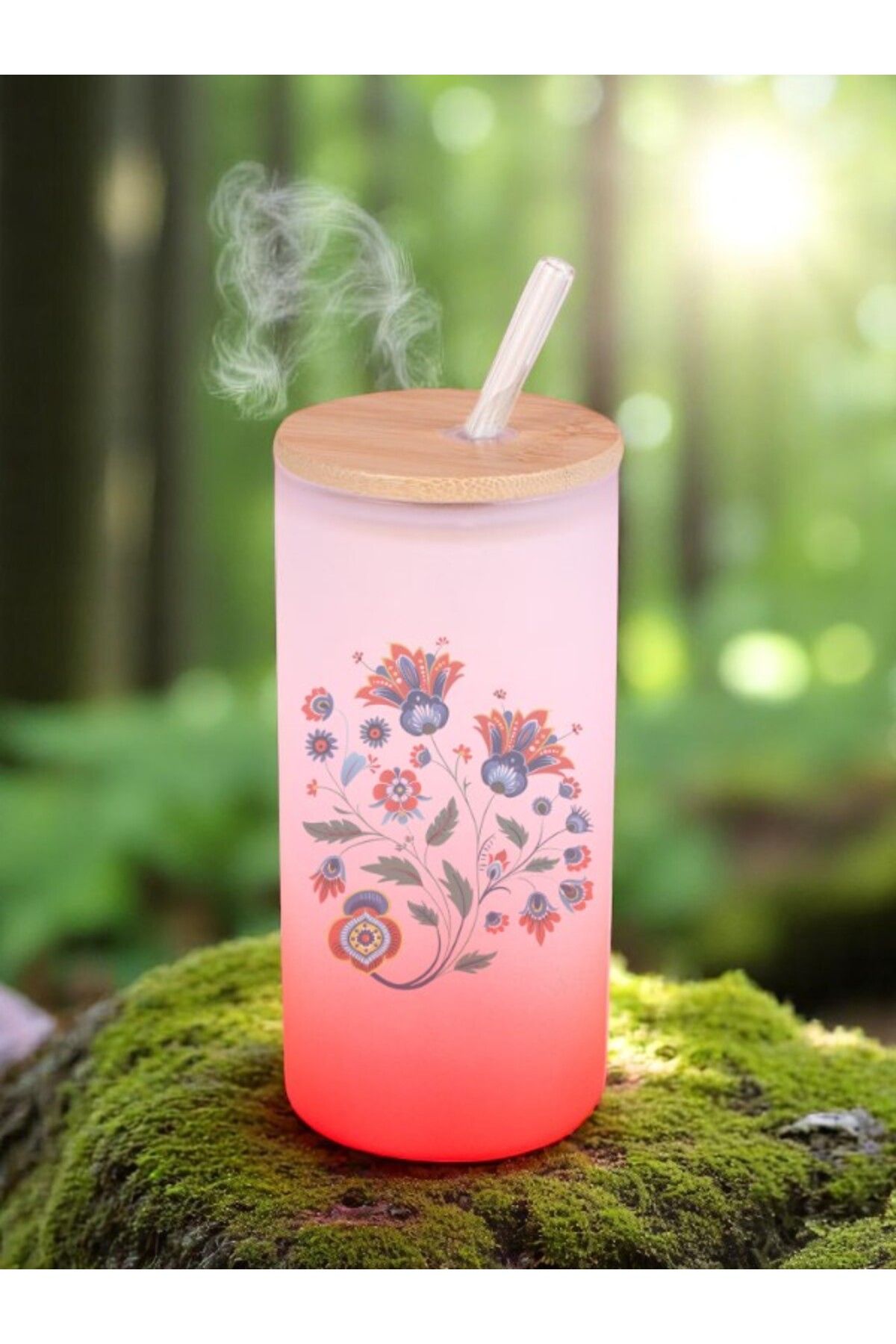 lili hediyelik Ebru Deseni Baskılı Cam Pipetli Suluk Matara 600 ml