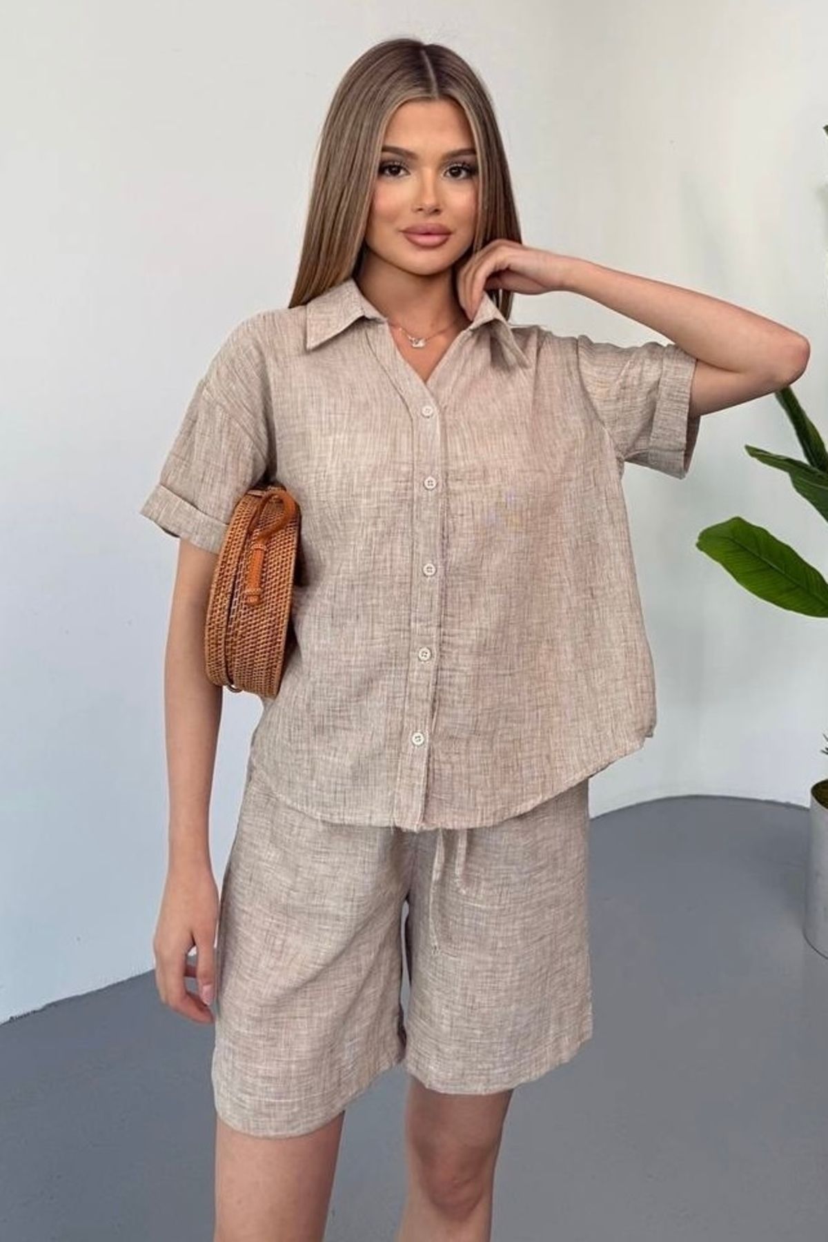 bb butik basic Keten Alina Şortlu Takım AL4090