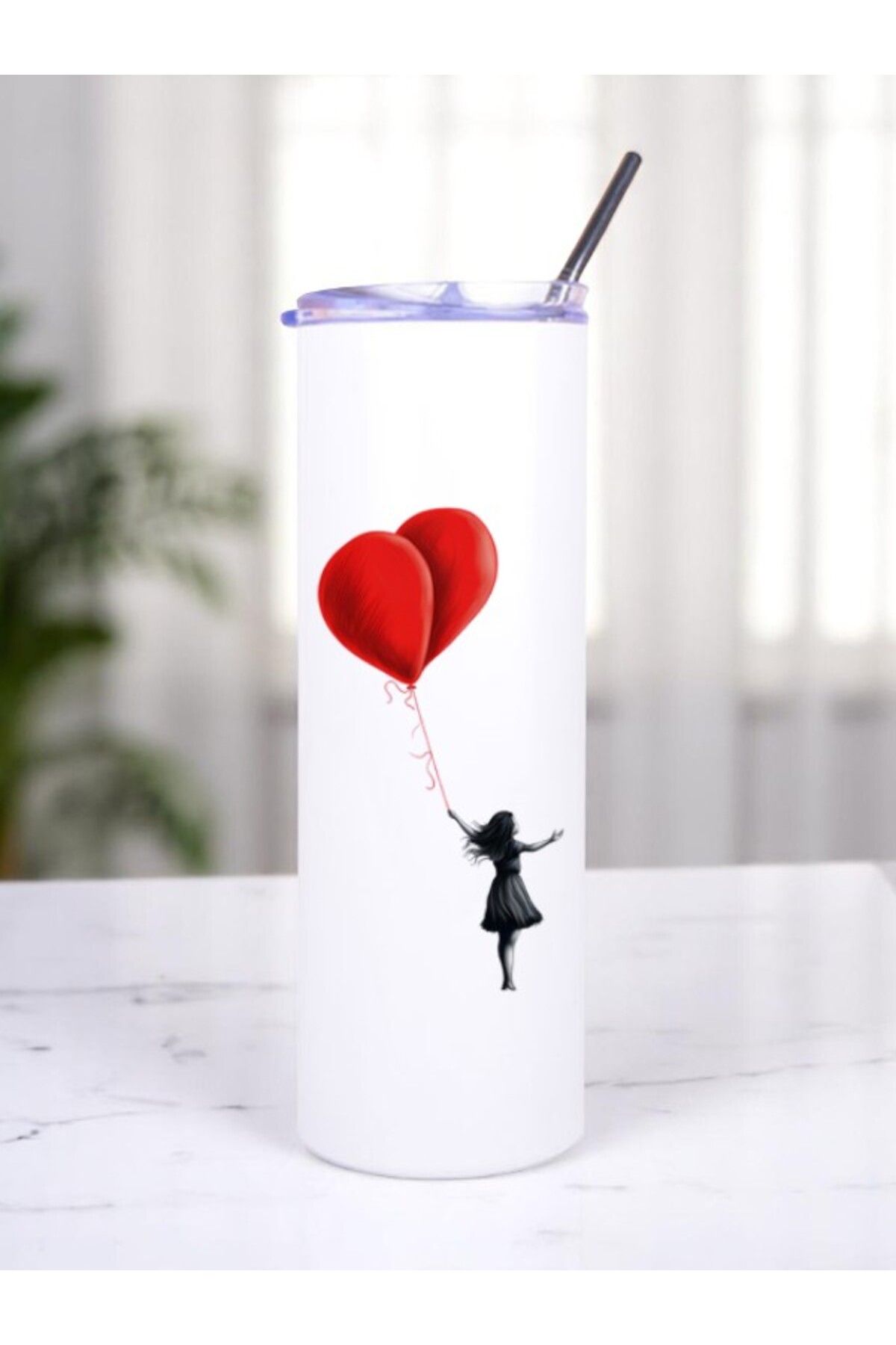 lili hediyelik Balonlu Kız Baskılı Pipetli Çelik Termos 600 ml