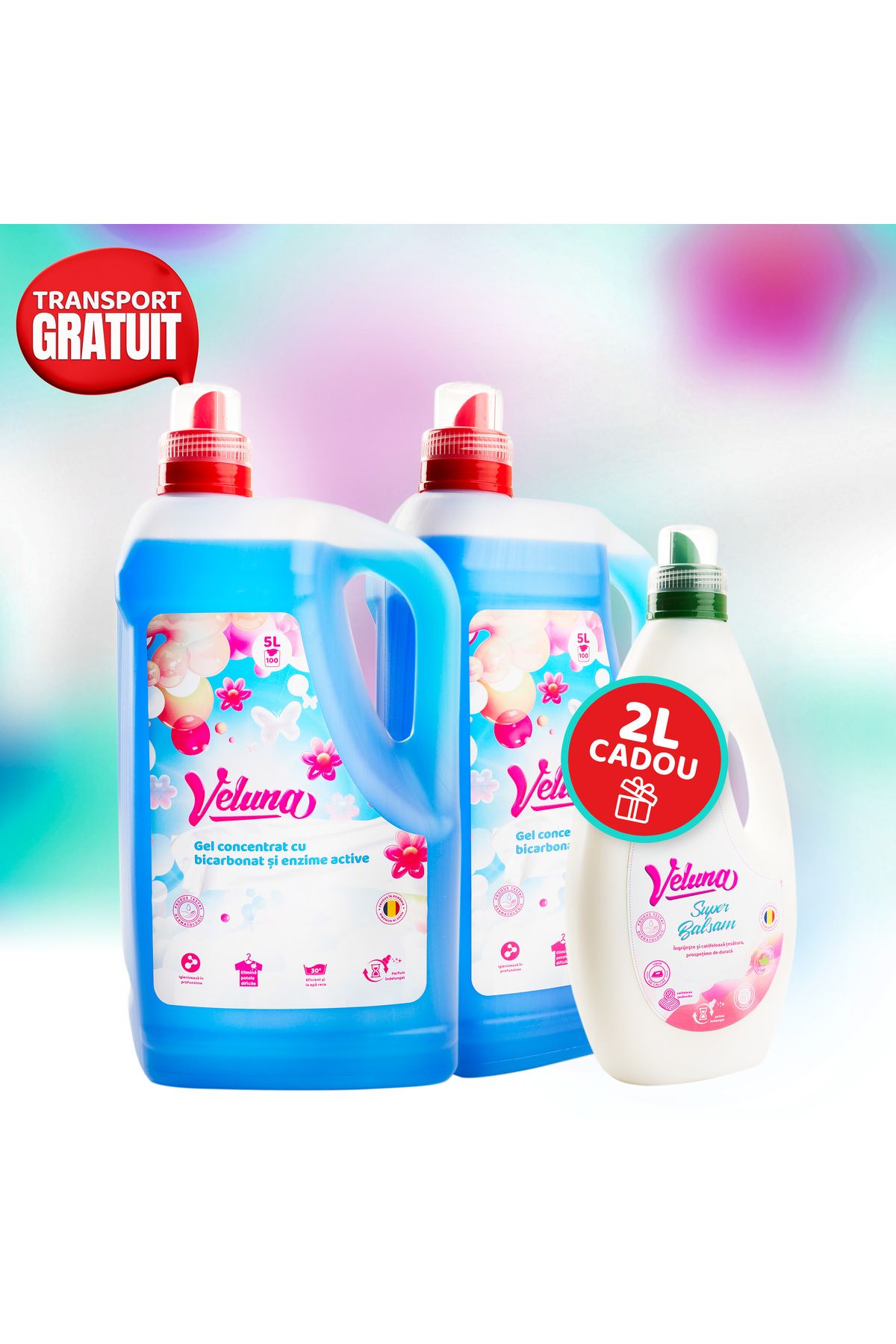 Veluna Pachet Duo Clean 10litri-2*5l Detergent Gel Concentrat-bicarbonat Enzime Active - 200spalari+cadou - One Size