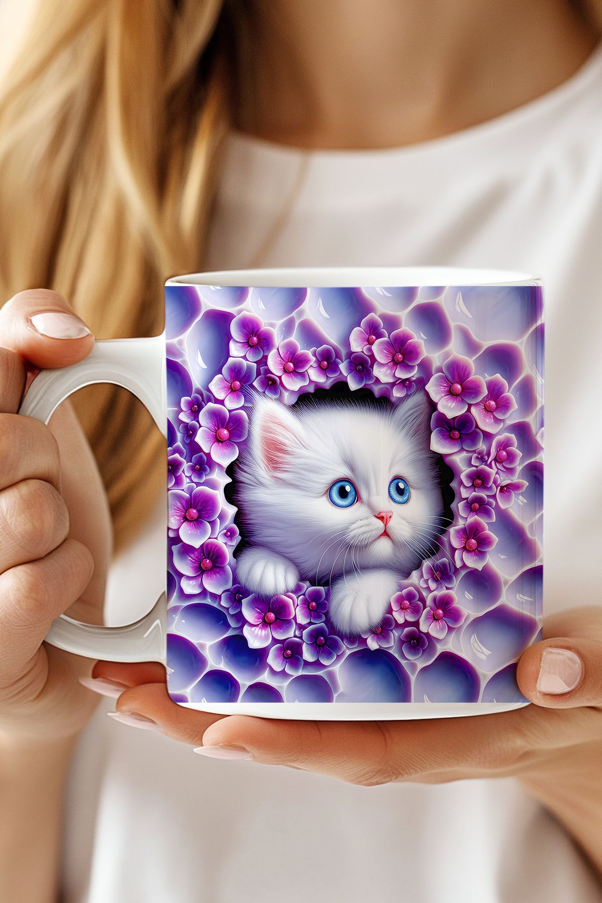 expreshediye Mor Çiçekli 3D Kedi Kupa Bardak, Kedili 3D Bardak