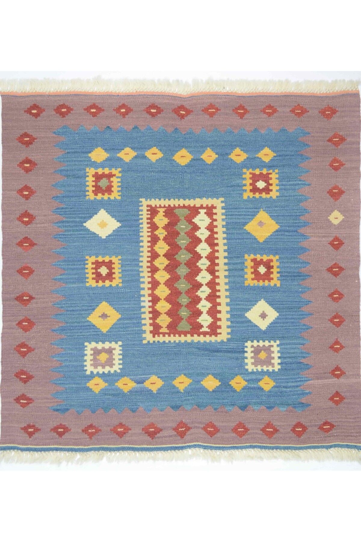Handmade İran Koçan Yünden El Dokuma Mavi ve Mor Renk Sofra Kilimi 90x90 cm (0.81 m²)