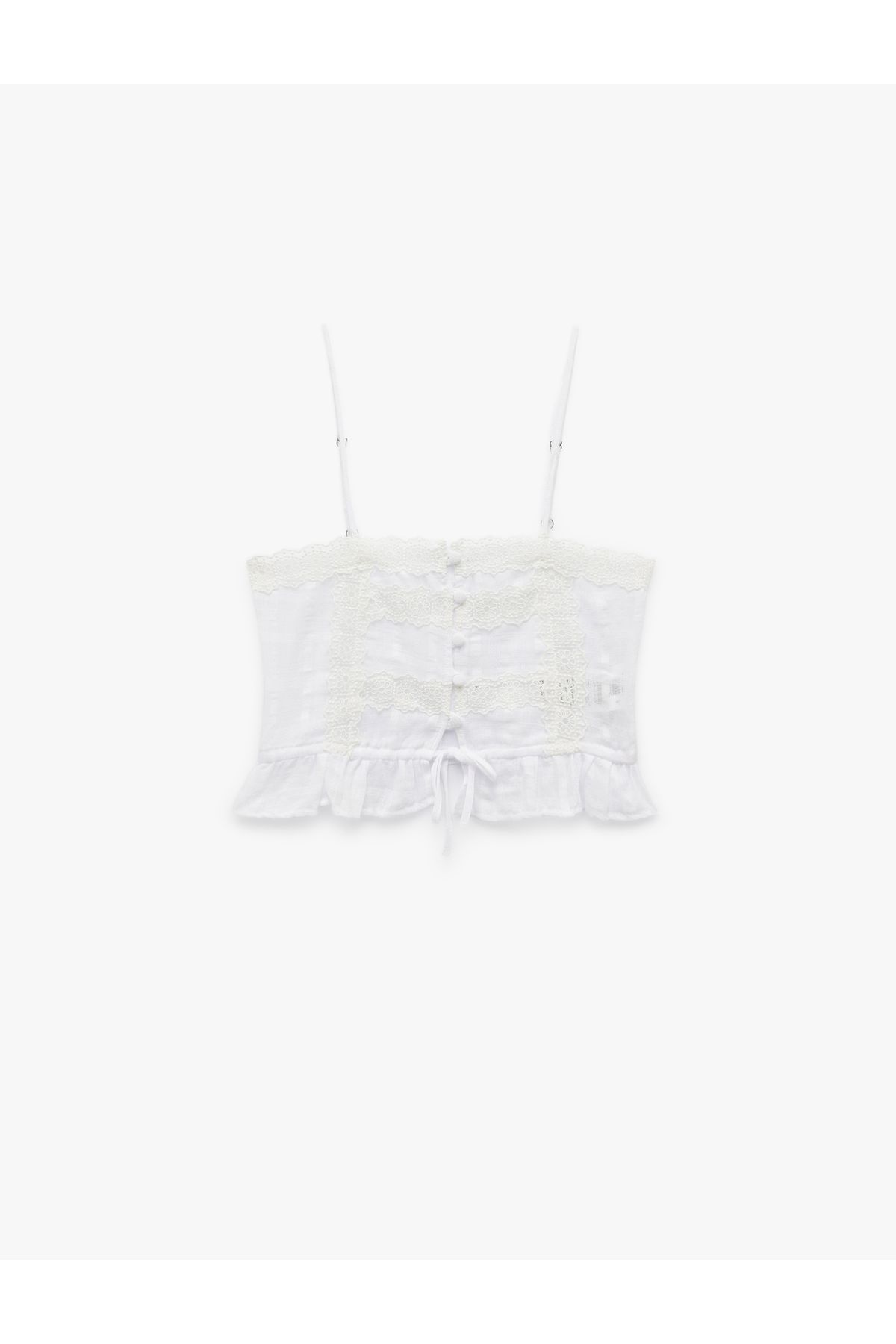 Koton Dantel Detaylı Askılı Düğmeli Fiyonklu Armürlü Crop Bluz