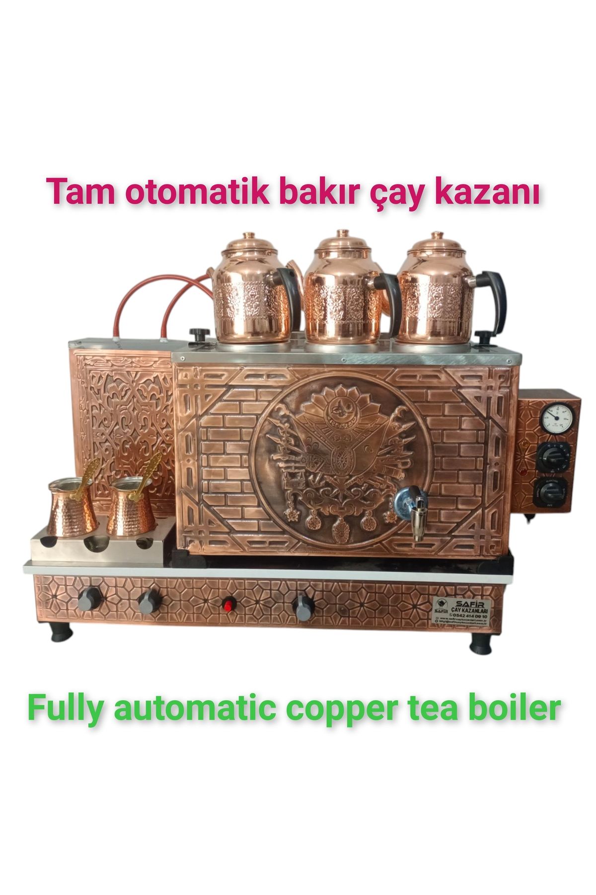 SAFİR ÇAY KAZANLARI 3 gözlü Bakır Tam Otomatik Çay Kazanı Elektrik + doğalgazlı Ce Gazmer açılış onaylı Dijital çakmaklı