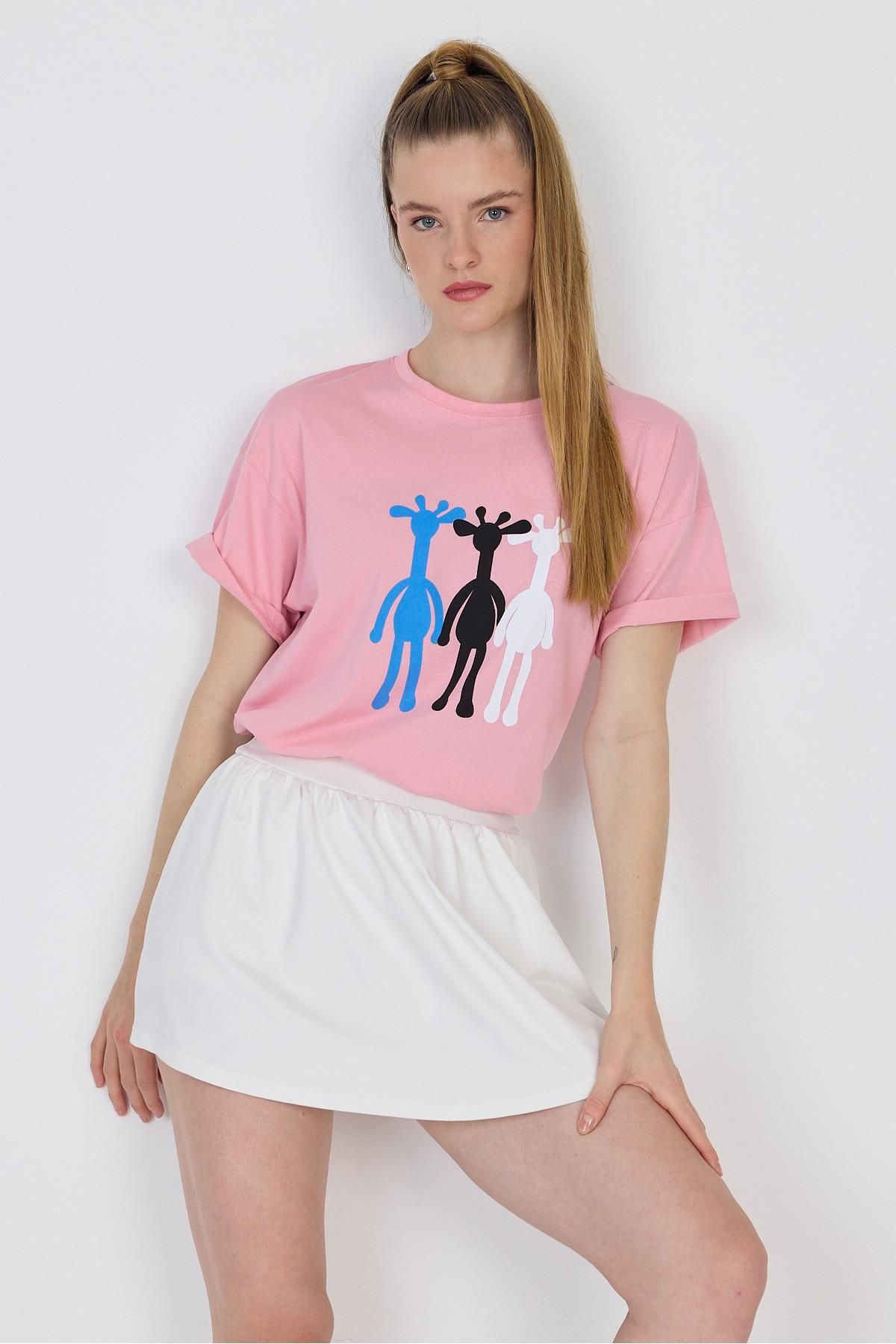 Rays Pembe Oversize Zürafa Baskılı Tişört 2150-12M