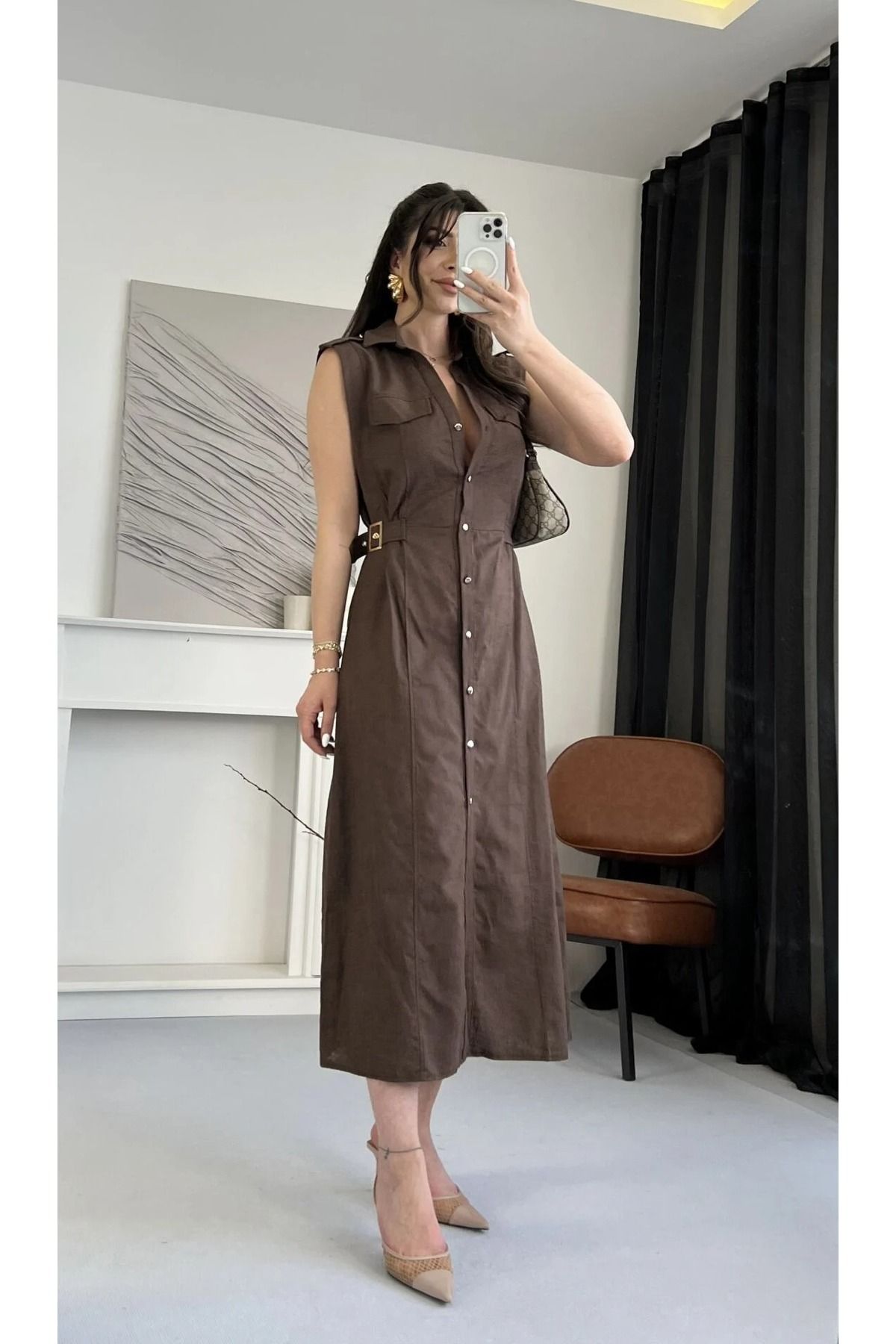 solena sln Kadın Zra Model Lüx Kalite Ham Keten Beli Kemerli Midi Elbise Kahve