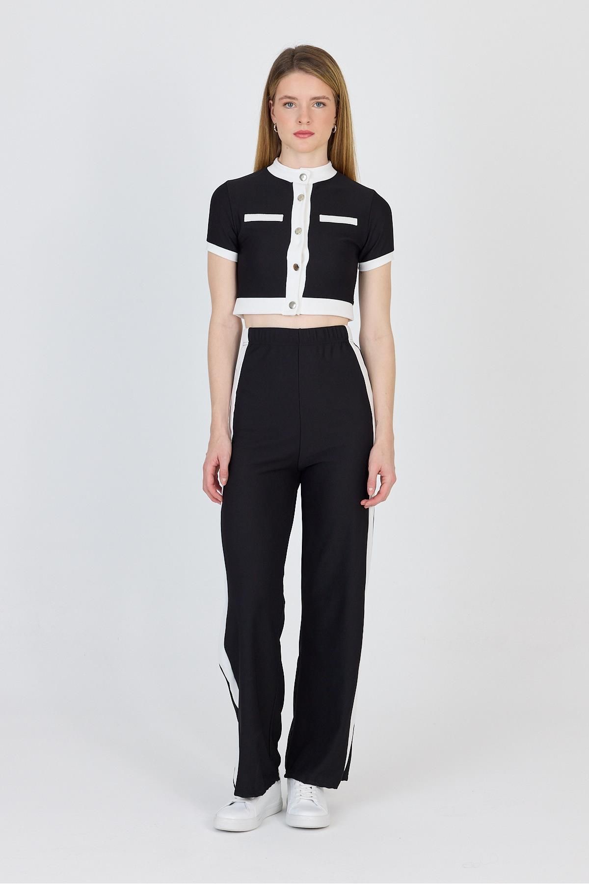 Rays Siyah Düğmeli Crop Bluz & Şeritli Palazzo Pantolon Takım 2214