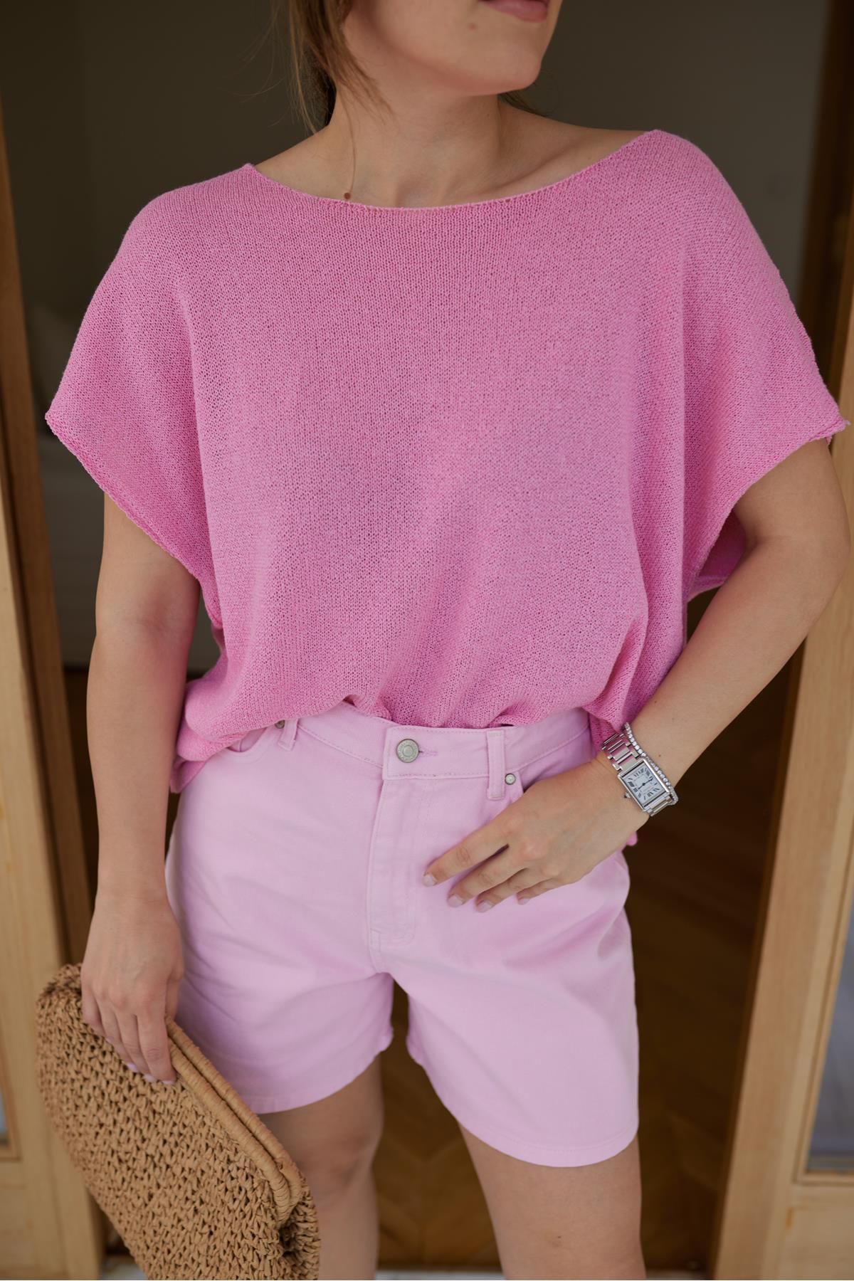 Askı Tekstil Pembe Kısa KolKayık Yaka Mevsimlik Triko
