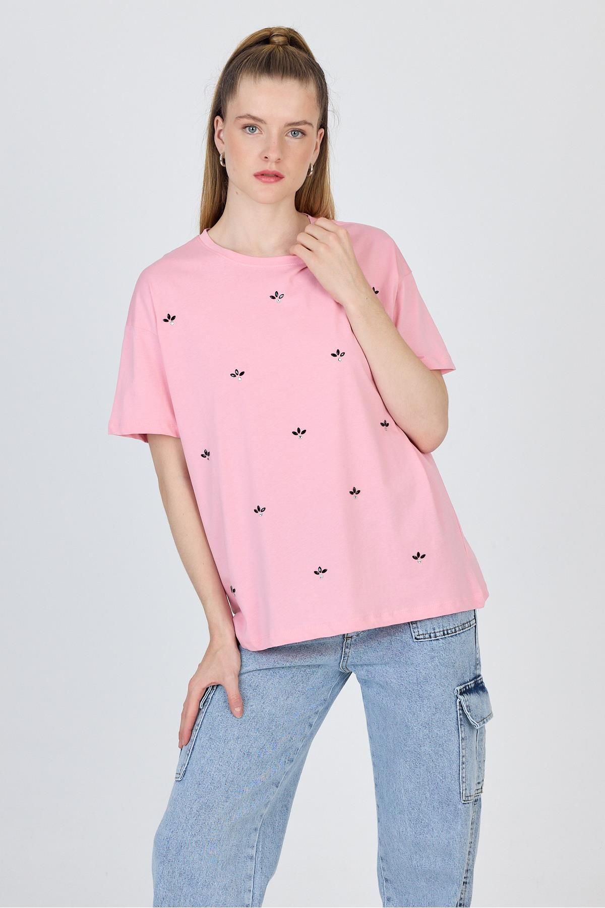 Rays Pembe Yazı Baskılı %100 Pamuk Oversize Tişört 2150-18M