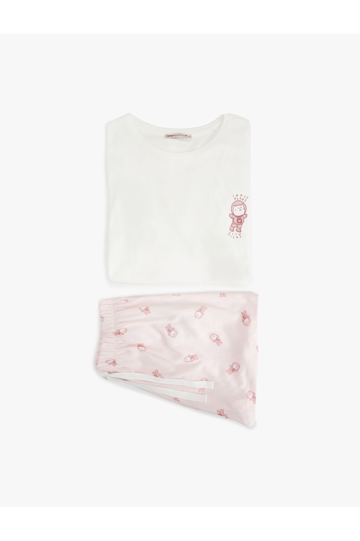Koton Pamuklu Kısa Kollu Bisiklet Yaka Kedi Grafik Baskılı Şortlu Pijama Takımı