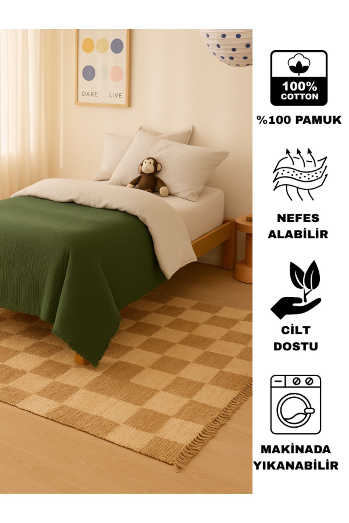 Bhoota Home Tek Kişilik 4 Katlı Müslin %100 Pamuk Yatak Örtüsü, Nefes Alabilen Kumaş 175x230