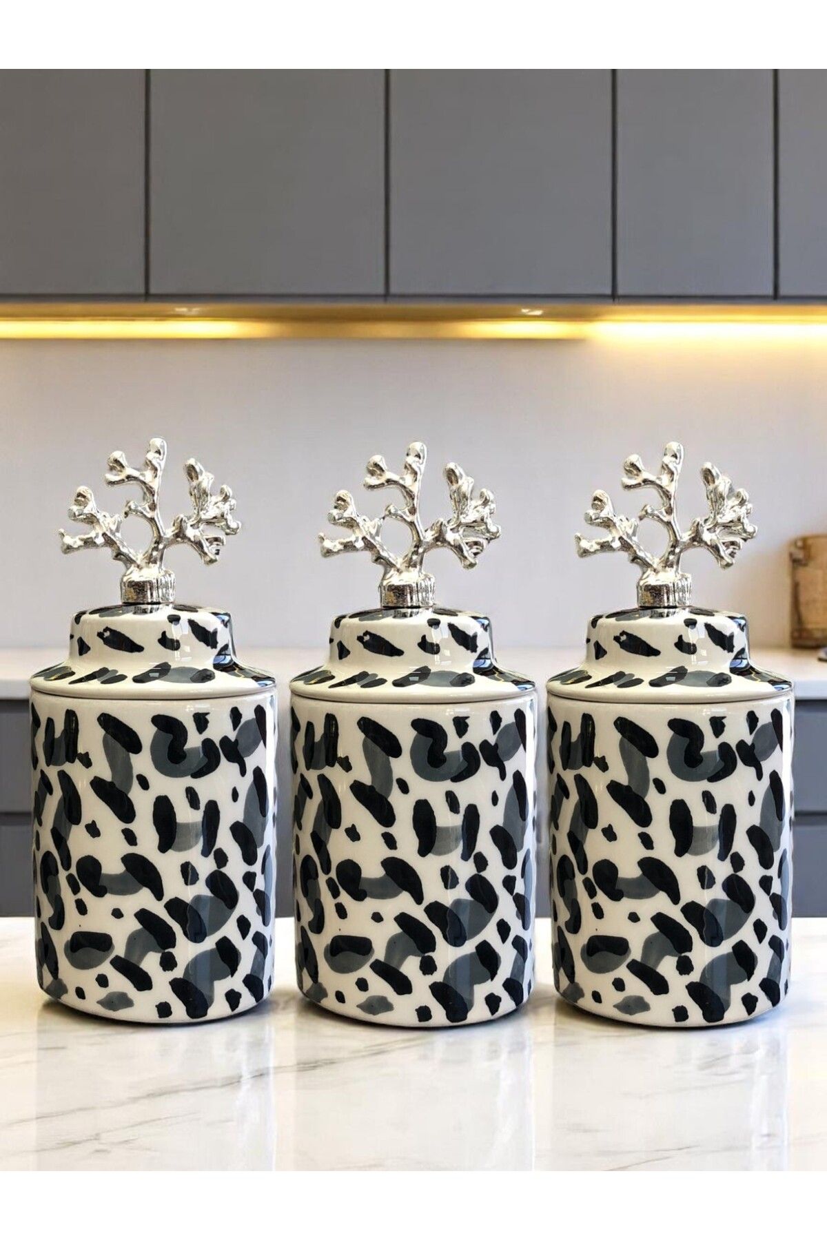 ferayhome Baharatlık Silindir Seramik Büyük Boy Kapaklı 3 lü Kahve Köşesi Seti Gri Leopar 750 ml Hacimli GÜMÜŞ