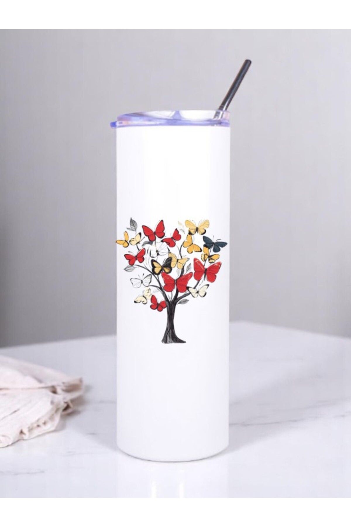 lili hediyelik Kelebekli Ağaç Baskılı Pipetli Çelik Termos 600 ml