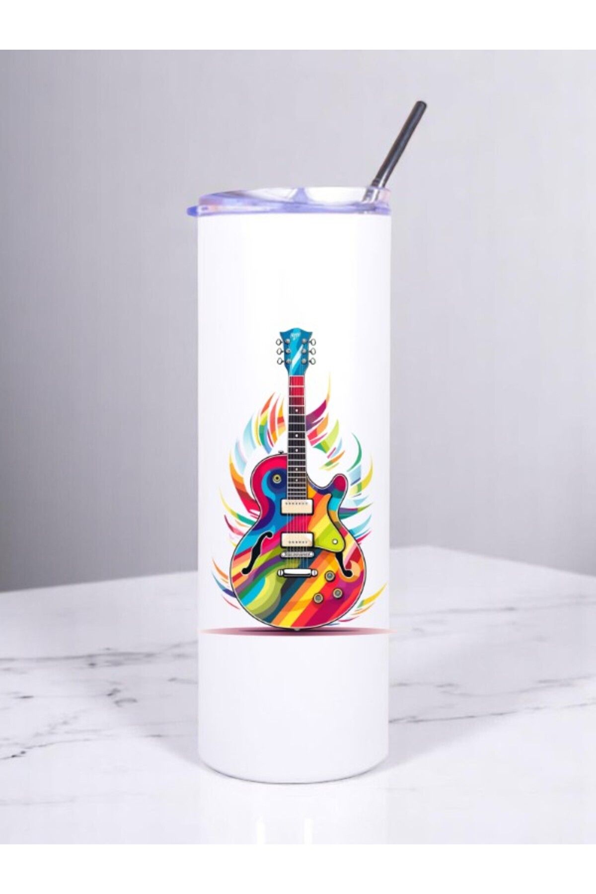 lili hediyelik Gitar Baskılı Pipetli Çelik Termos 600 ml
