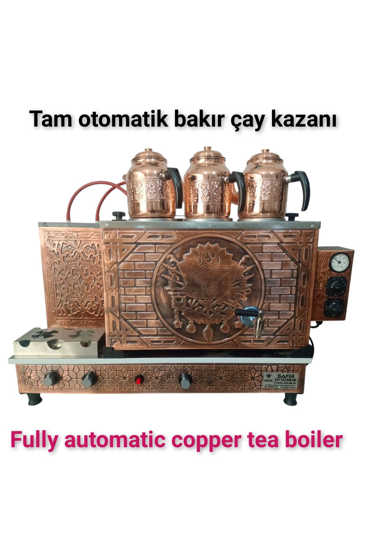 SAFİR ÇAY KAZANLARI 3 demlikli bakır çay kazanı elektrik +Tüplü tam otomatik Çay ocağı Osmanlı tuğra model Çay semaveri