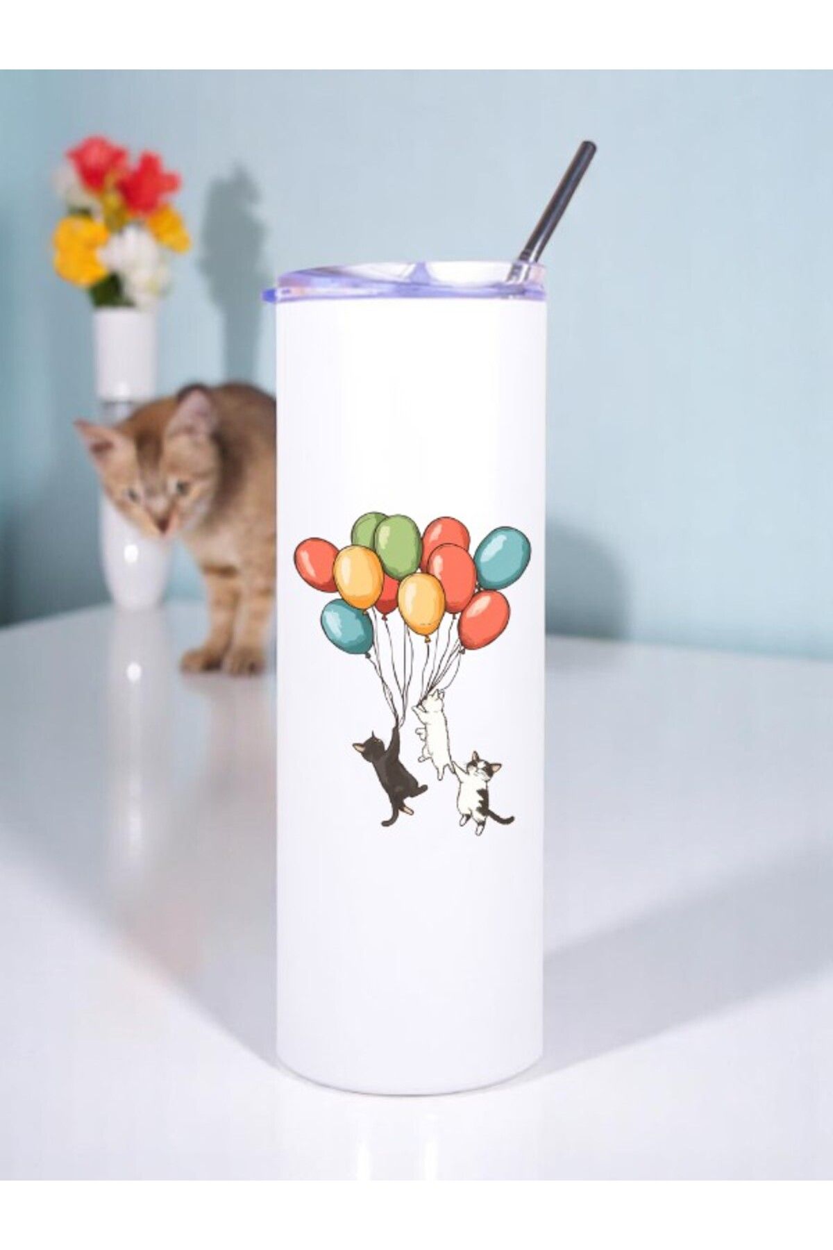 lili hediyelik Balonlu Kedi Baskılı Pipetli Çelik Termos 600 ml