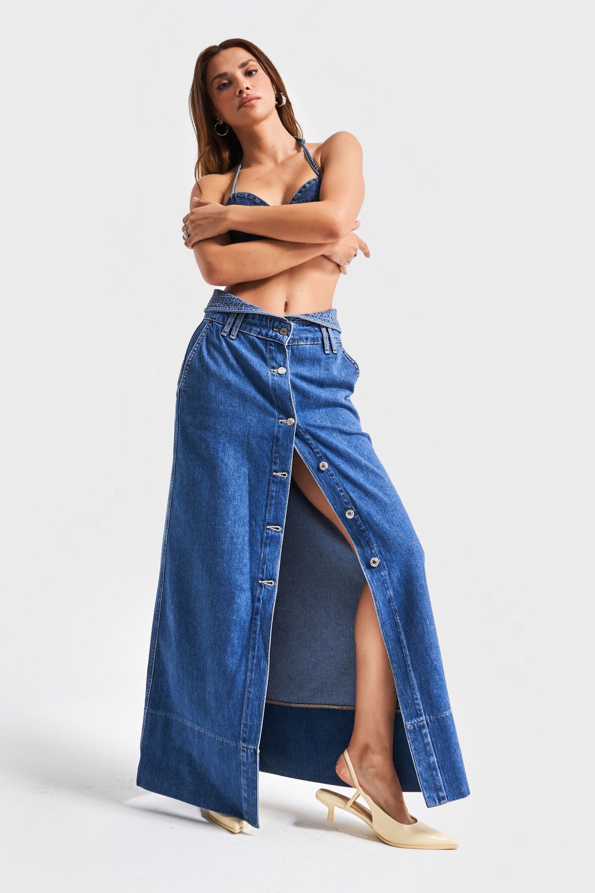 its basic Kadın Mavi Renk 1s5-5 Maxi Boy Önü Düğmeli Kemer Detaylı %100 Koton Tasarım Denim Etek