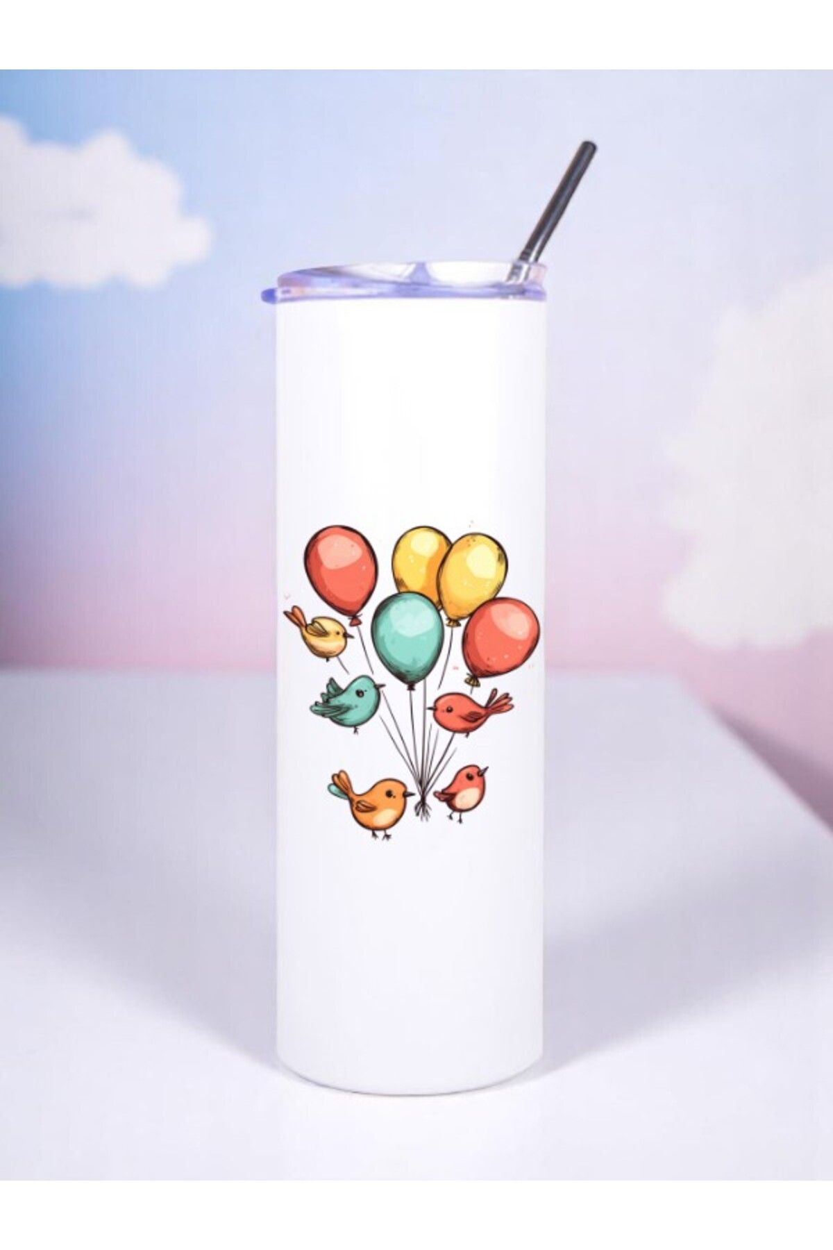 lili hediyelik Kuşlar ve Balonlar Baskılı Pipetli Çelik Termos 600 ml