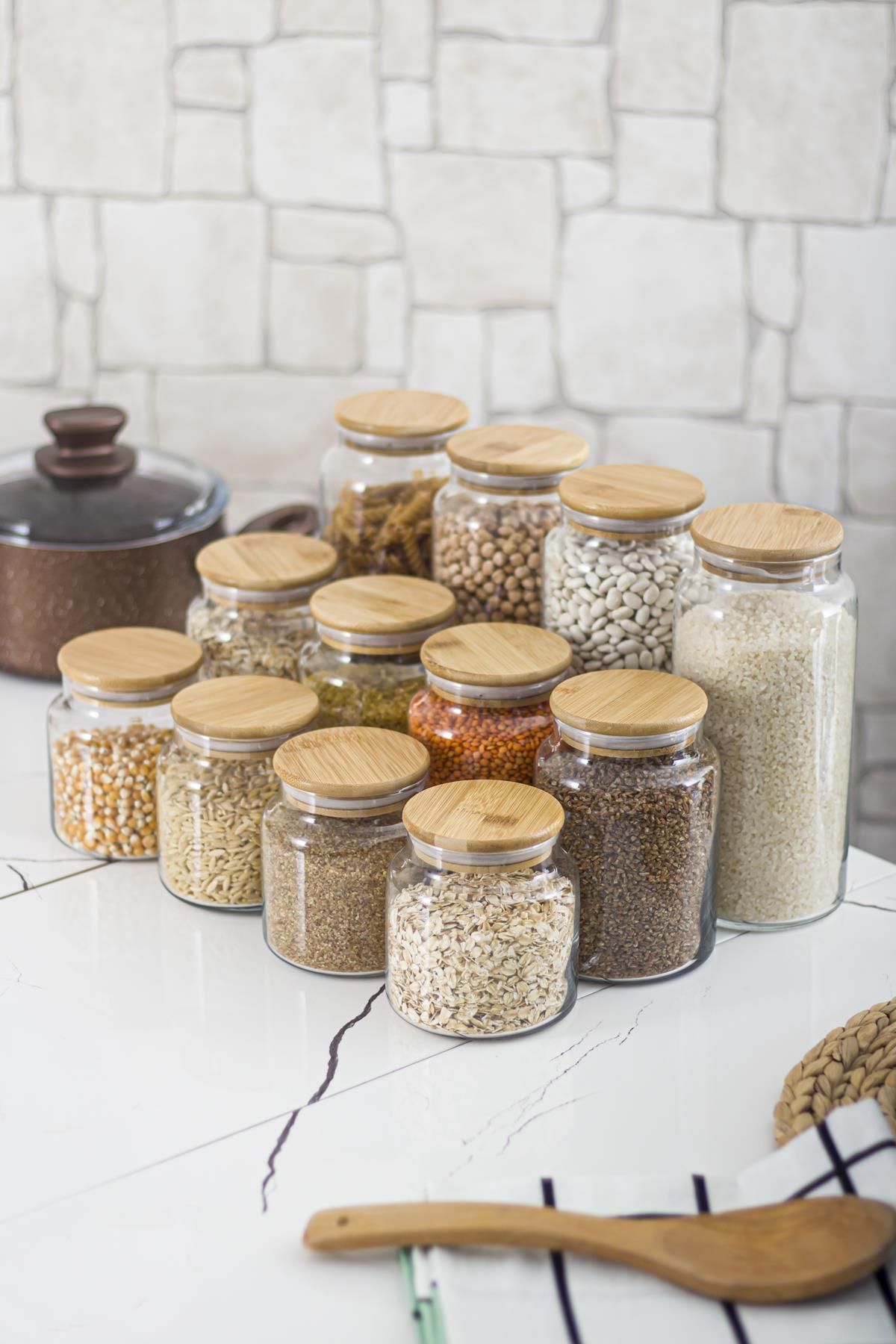 ARDA DİZAYN 12'li Bambu Kapaklı Cam Kavanoz & Erzak Saklama Kabı Seti 3* 1.3 Lt + 0.80 Lt + 0.50 Lt(Vakum Kapak)