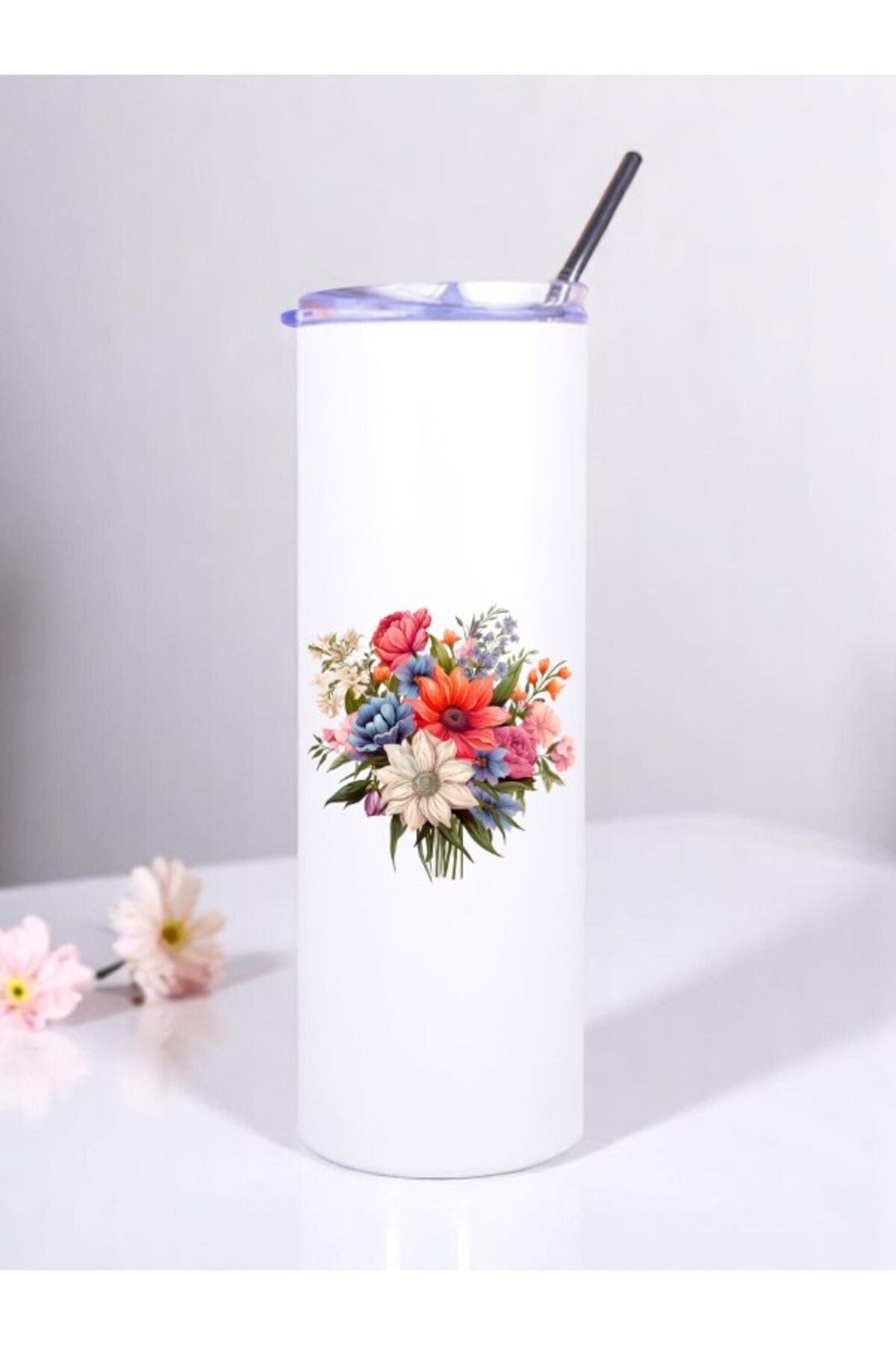 lili hediyelik Çiçekler Baskılı Pipetli Çelik Termos 600 ml