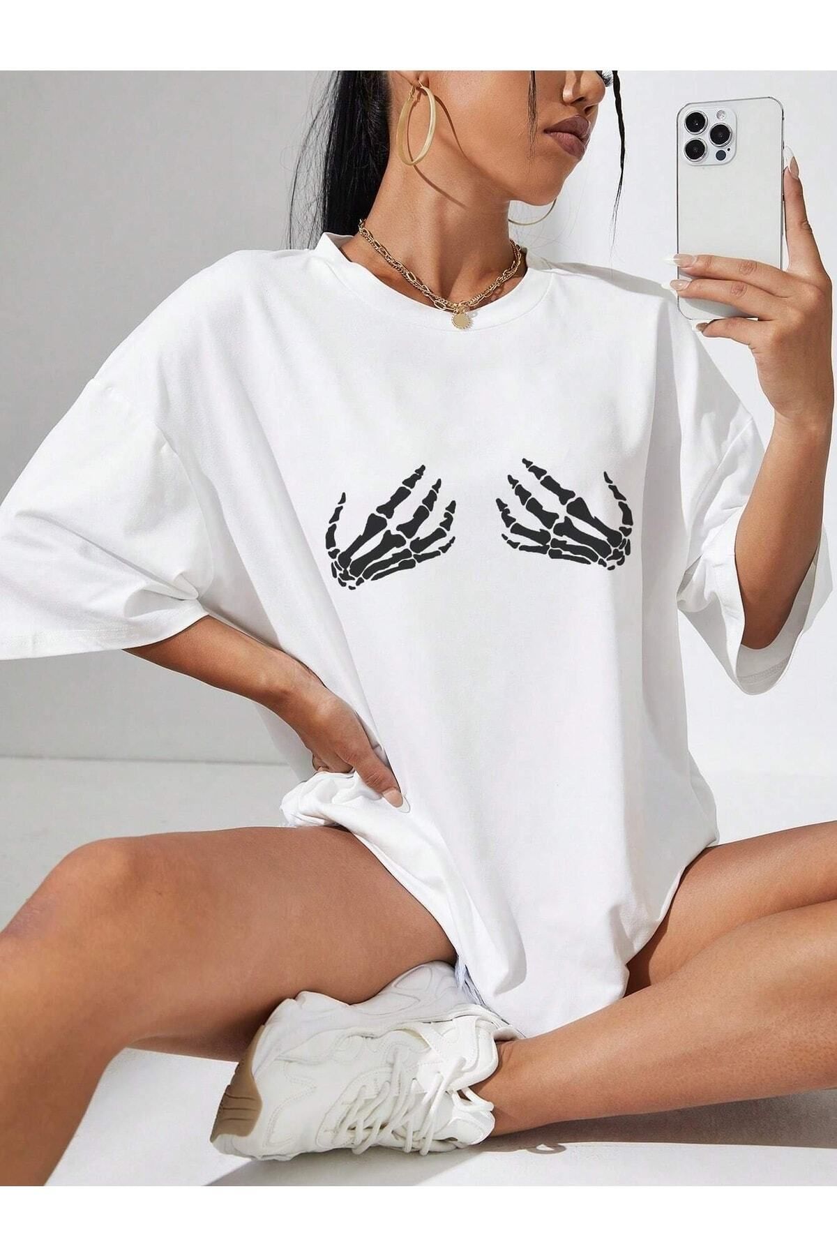 Hunors Sportswear & Company Kadın / Kız Iskelet Eli Baskılı Oversize T-shirt Salaş Boyfirend
