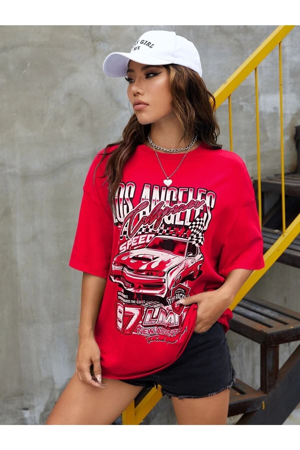 Hunors Sportswear & Company Kadın / Kız Los Angels Baskılı Oversize Salas T-shirt Boyfriend