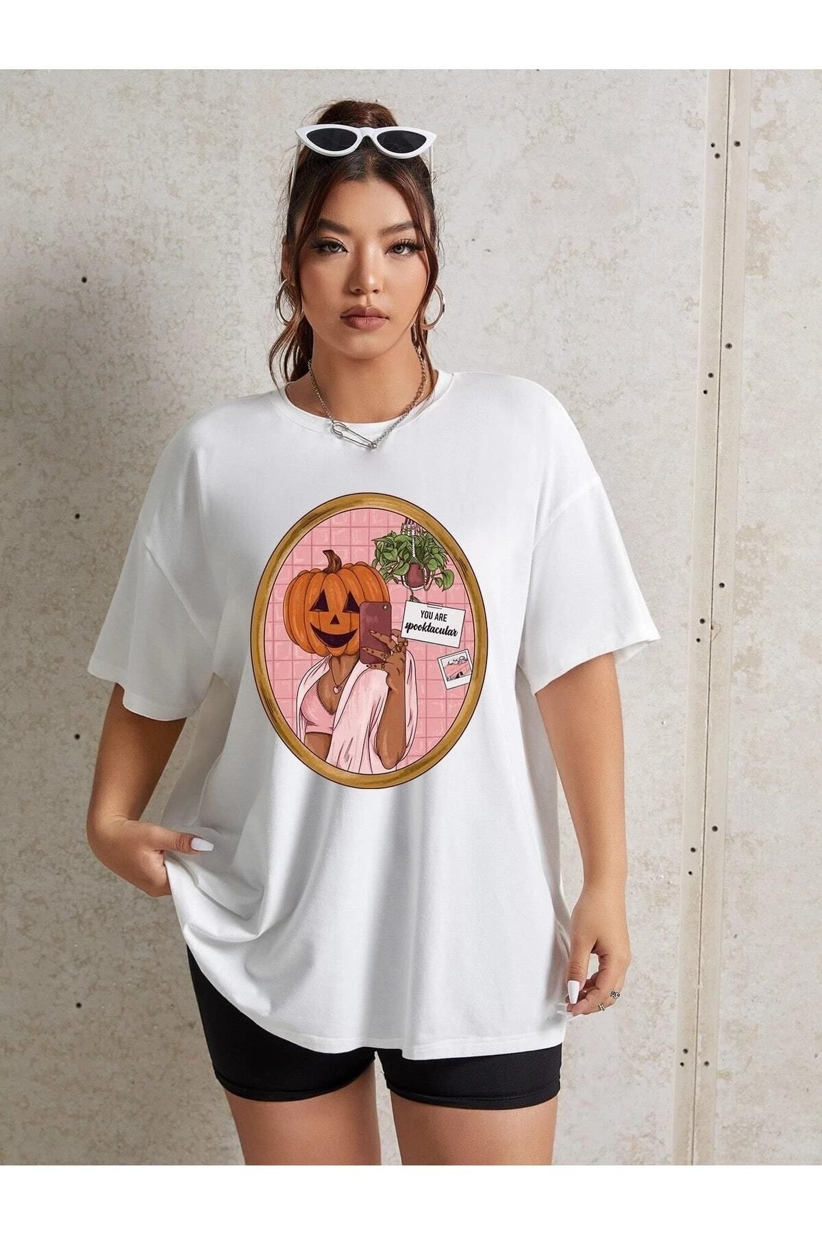 Hunors Sportswear & Company Kadın / Kız Bal Kabağı Baskılı Beyaz Oversize T-shirt Salaş Boyfirend