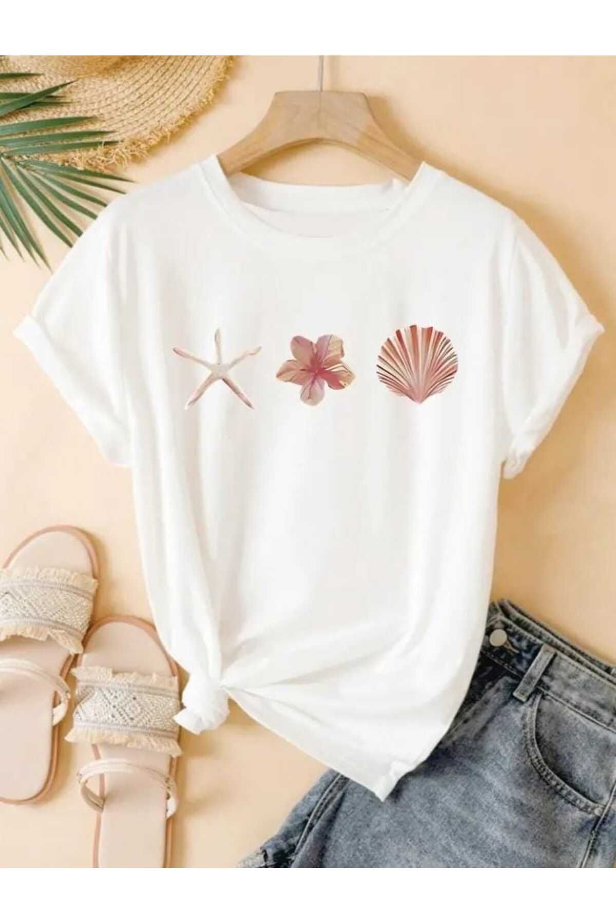 TekTarzz Unisex Deniz Yıldızı Baskı Tasarımlı Trend Tshirt