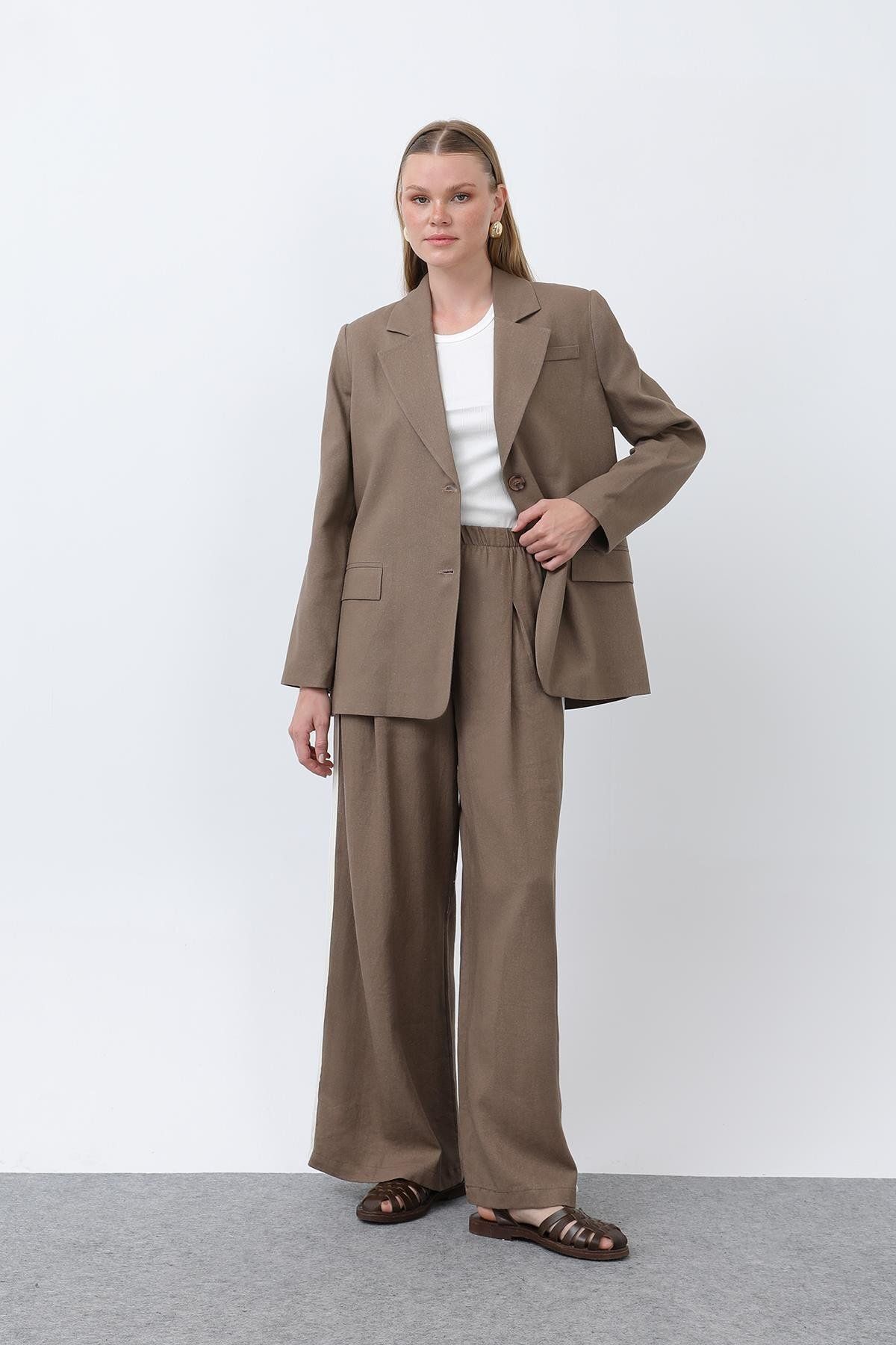 Soul Kadın Yanları Grogrenli Belden Lastikli Pantolon -32302PNT - BROWN-ECRU