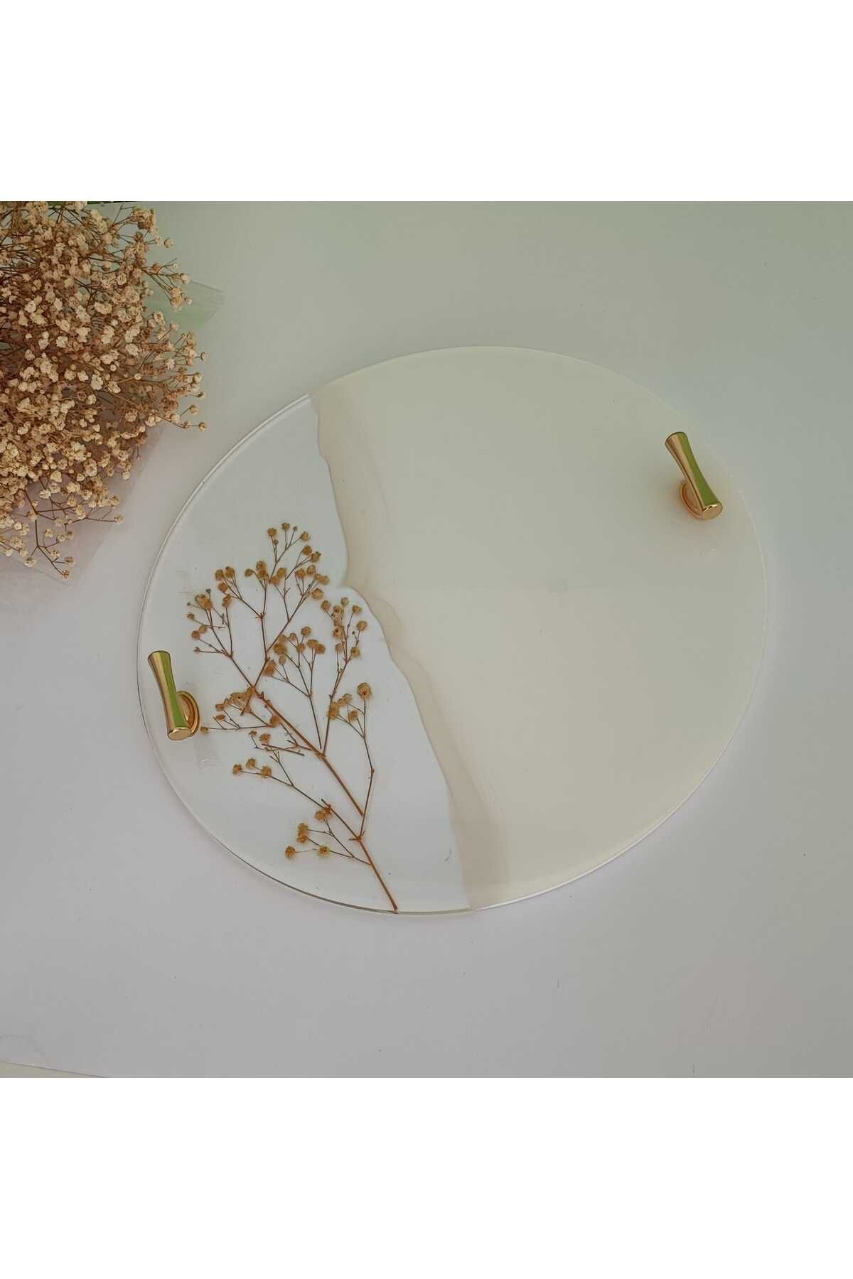 demet art studio Beyaz-Şeffaf Çiçekli Düz Yuvarlak Desenli İki Kişilik Epoksi Söz Nişan Damat Sunum Tepsisi 30 cm