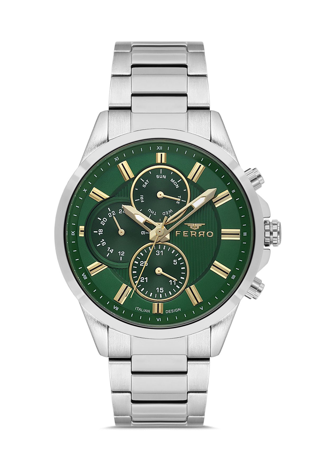 FERRO FM11533AWT-A6 Quartz Çelik Gri Yeşil Kadran 46 mm Erkek Kol Saati
