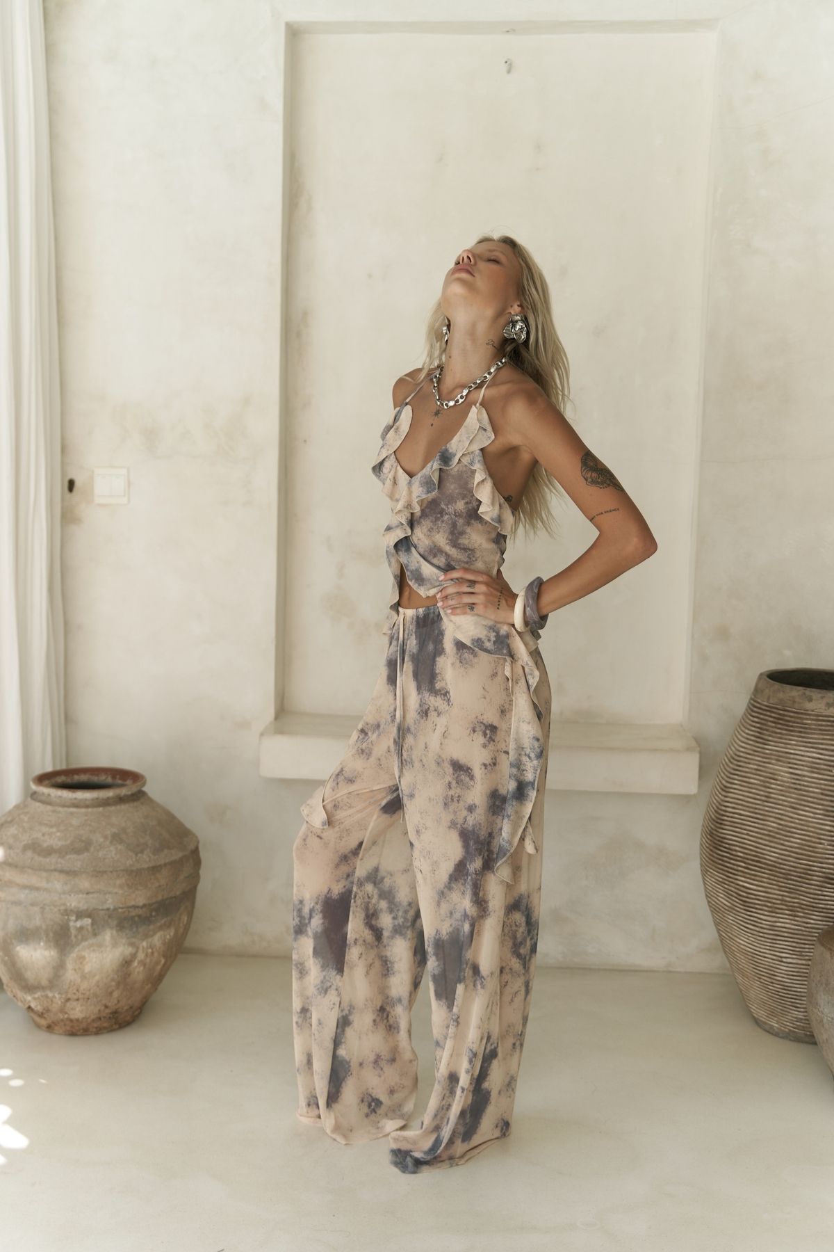 BOHEMAİ Sulliven Fırfır Detay Sarı Crop Pantolon Takım