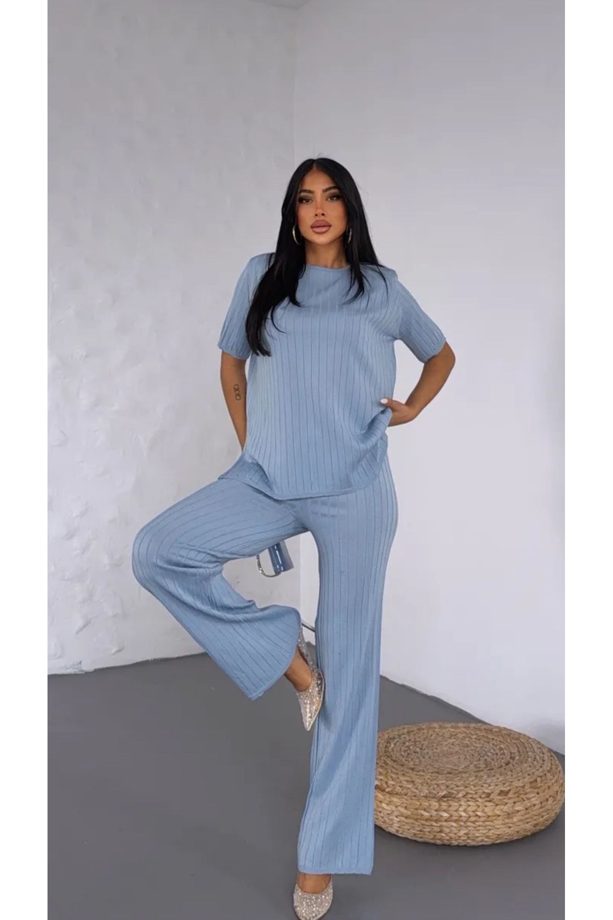 Noi Belis Bisiklet Yaka Fitilli Geniş Kalıp/Oversize Bluz Pantolon Yazlık Takım SS25AU0004