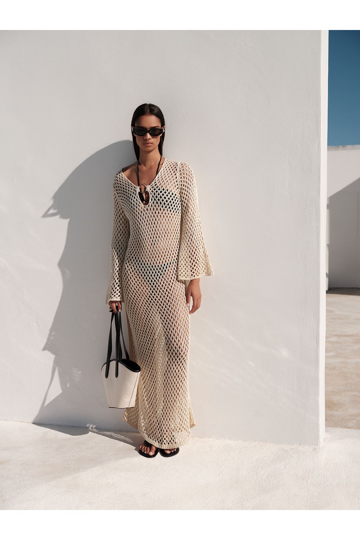 mathilda store Kadın Ekru Gloria Yırtmaç Detaylı Beachwear Elbise