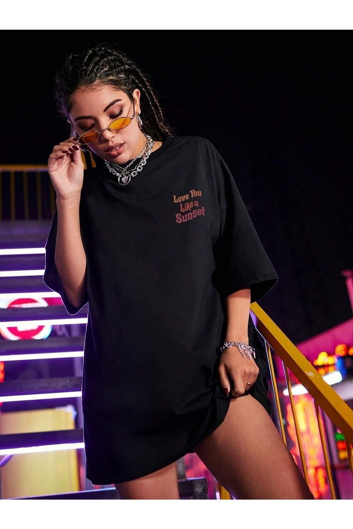 Hunors Sportswear & Company Like A Sunset Baskılı Kadın / Kız Oversize T-shirt Salaş Boyfirend