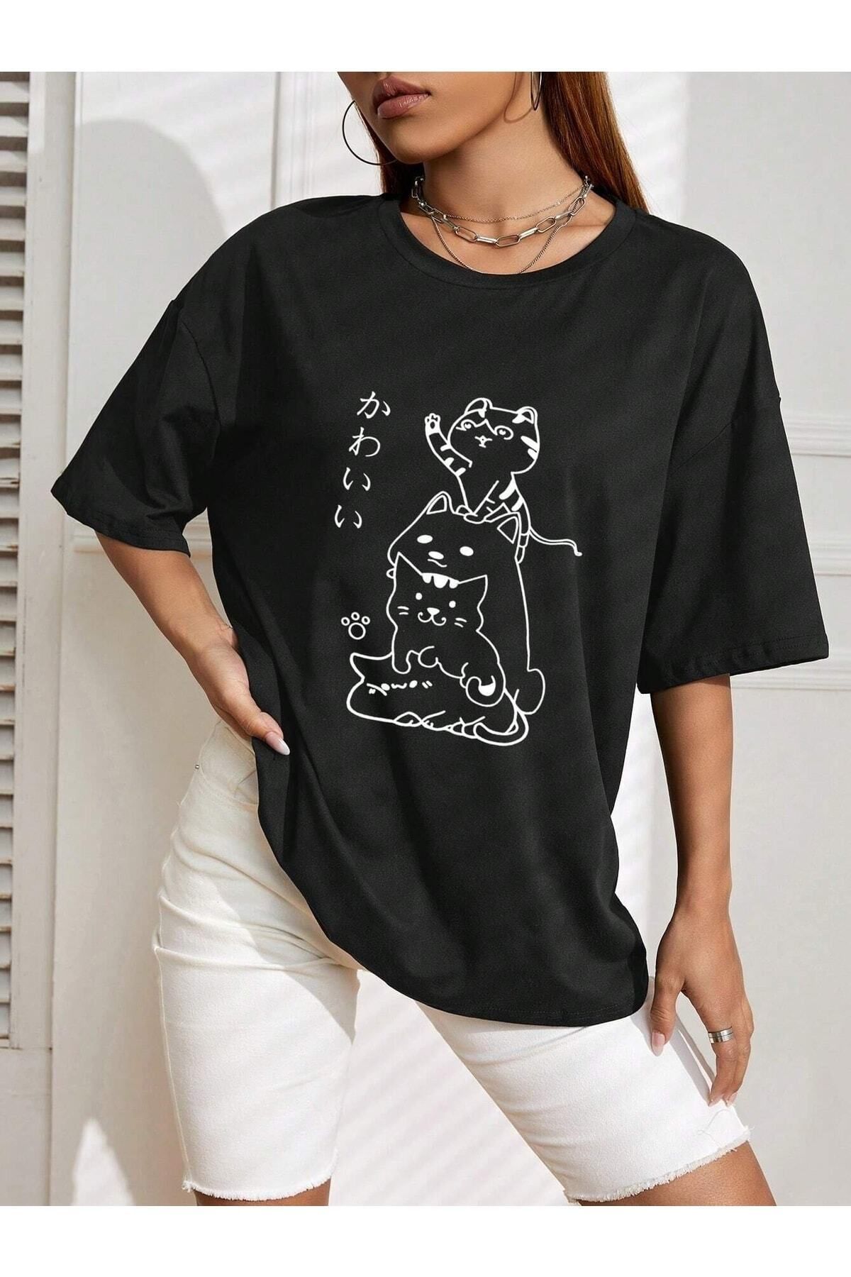 Hunors Sportswear & Company Kadın / Kız Sevimli Kediler Baskılı Oversize T-shirt Salaş Boyfirend