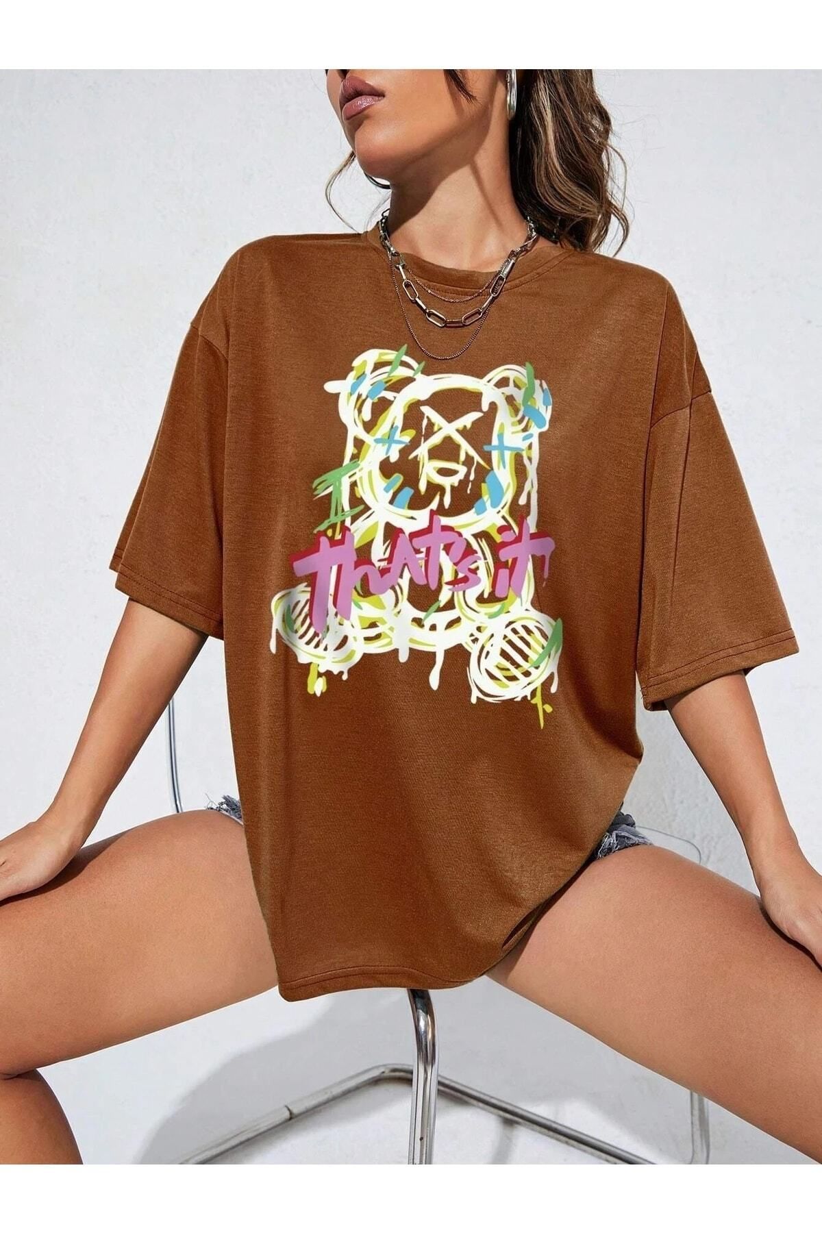 Boi Bear Baskılı Kadın / Kız Oversize Kahverengi T-shirt